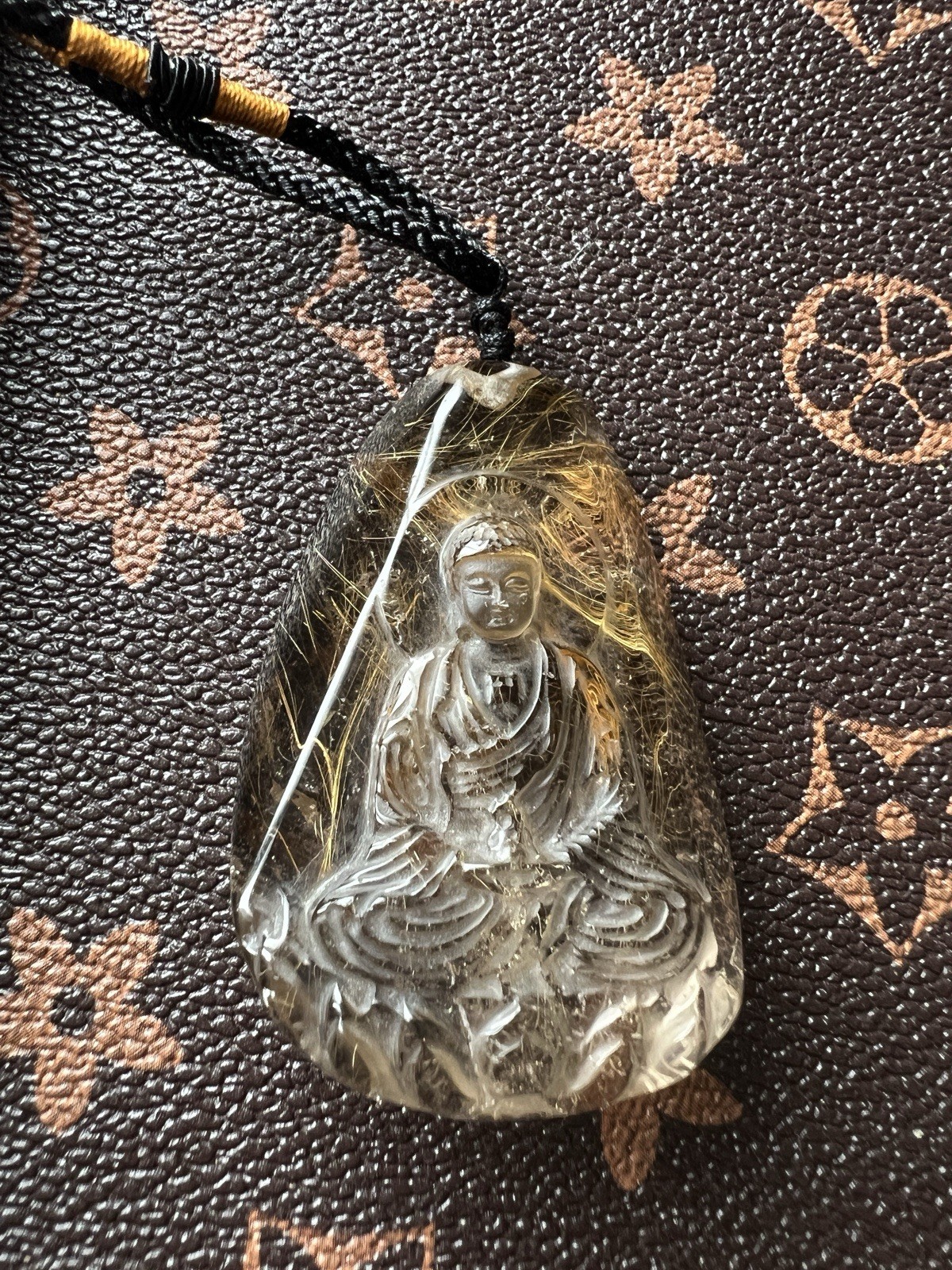 Natural Golden Rutilated Quartz Guanyin Pendant, collectible.