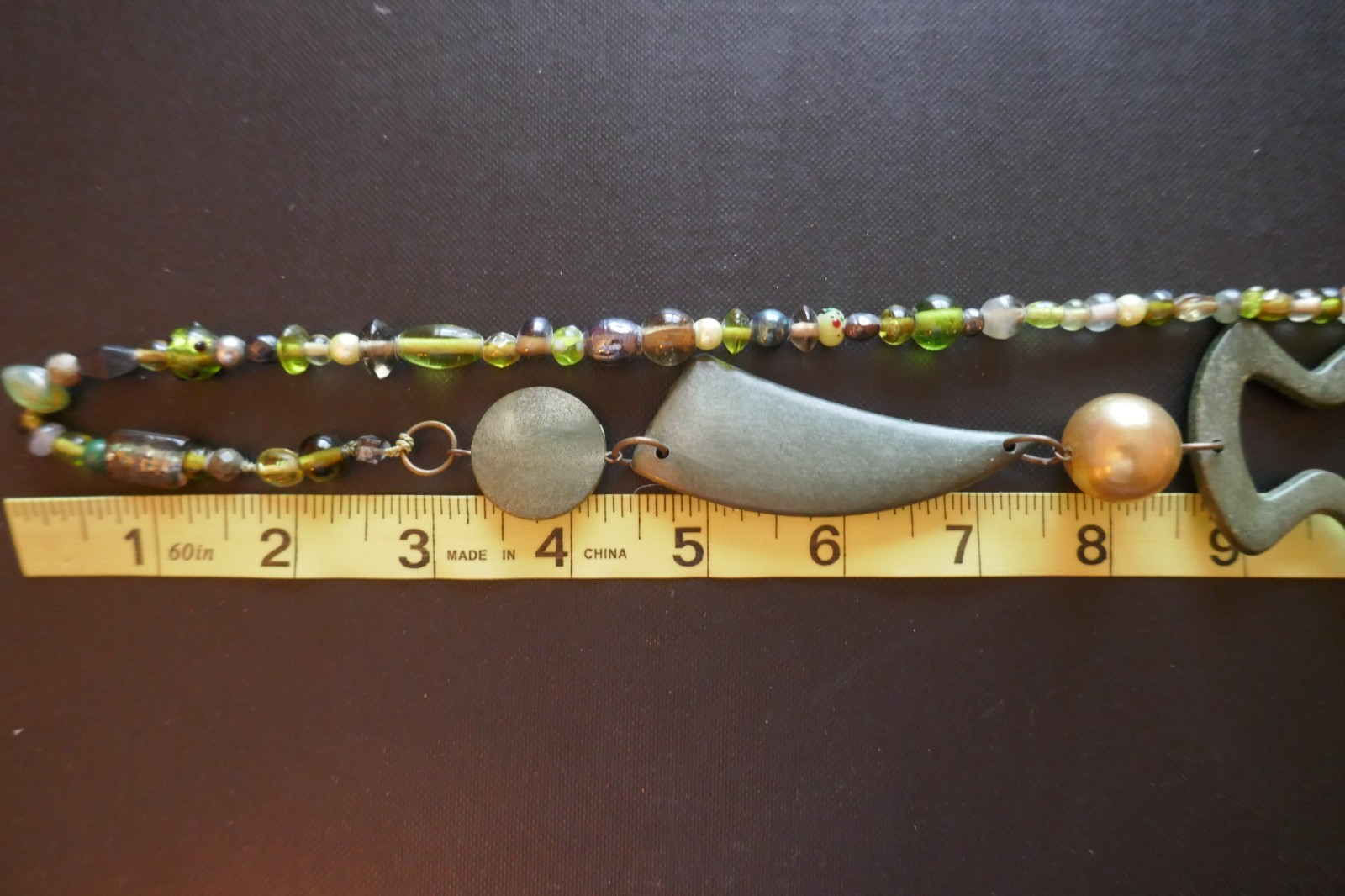 40″ Long Necklace Green Copper Gold Large Abstract Shapes Acrylic & Glass Beads