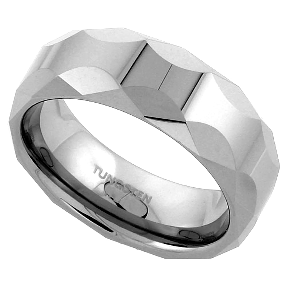 8mm Tungsten Wedding Band Ring Faceted Dome Circular Patterns, Comfort fit