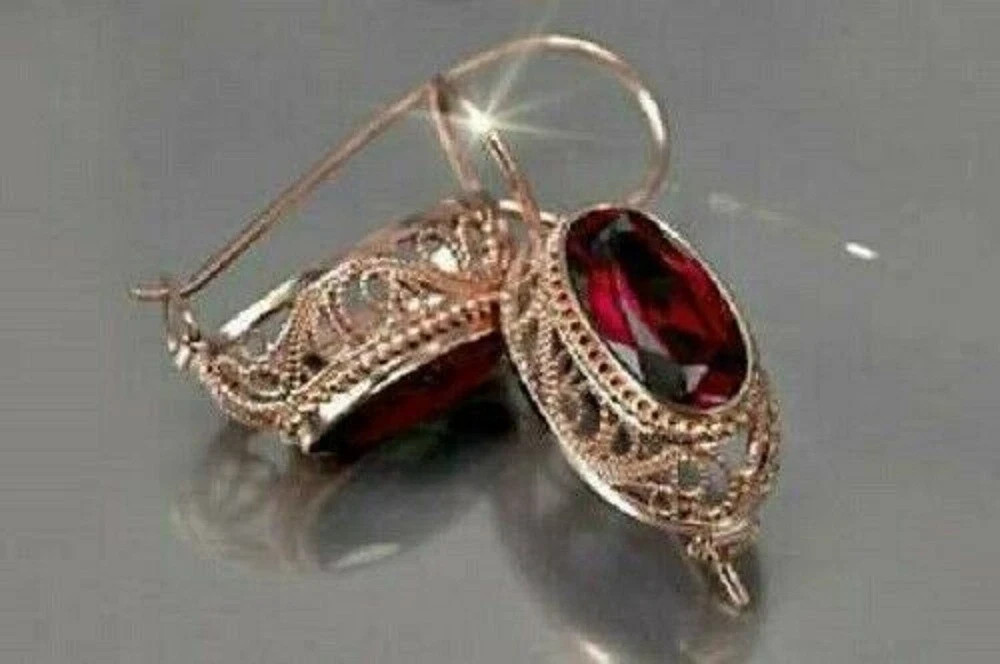 2Ct Oval Cut Simulated Red Garnet Drop & Dangle Earring 14K Yellow Gold Over