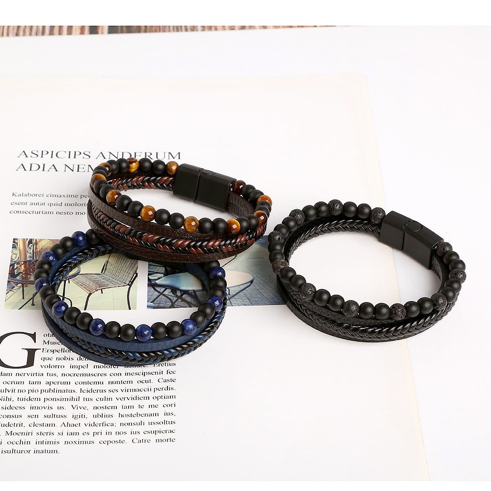 Men’s Tiger Eye Natural Stone Layered Braided Leather Beaded Bracelet