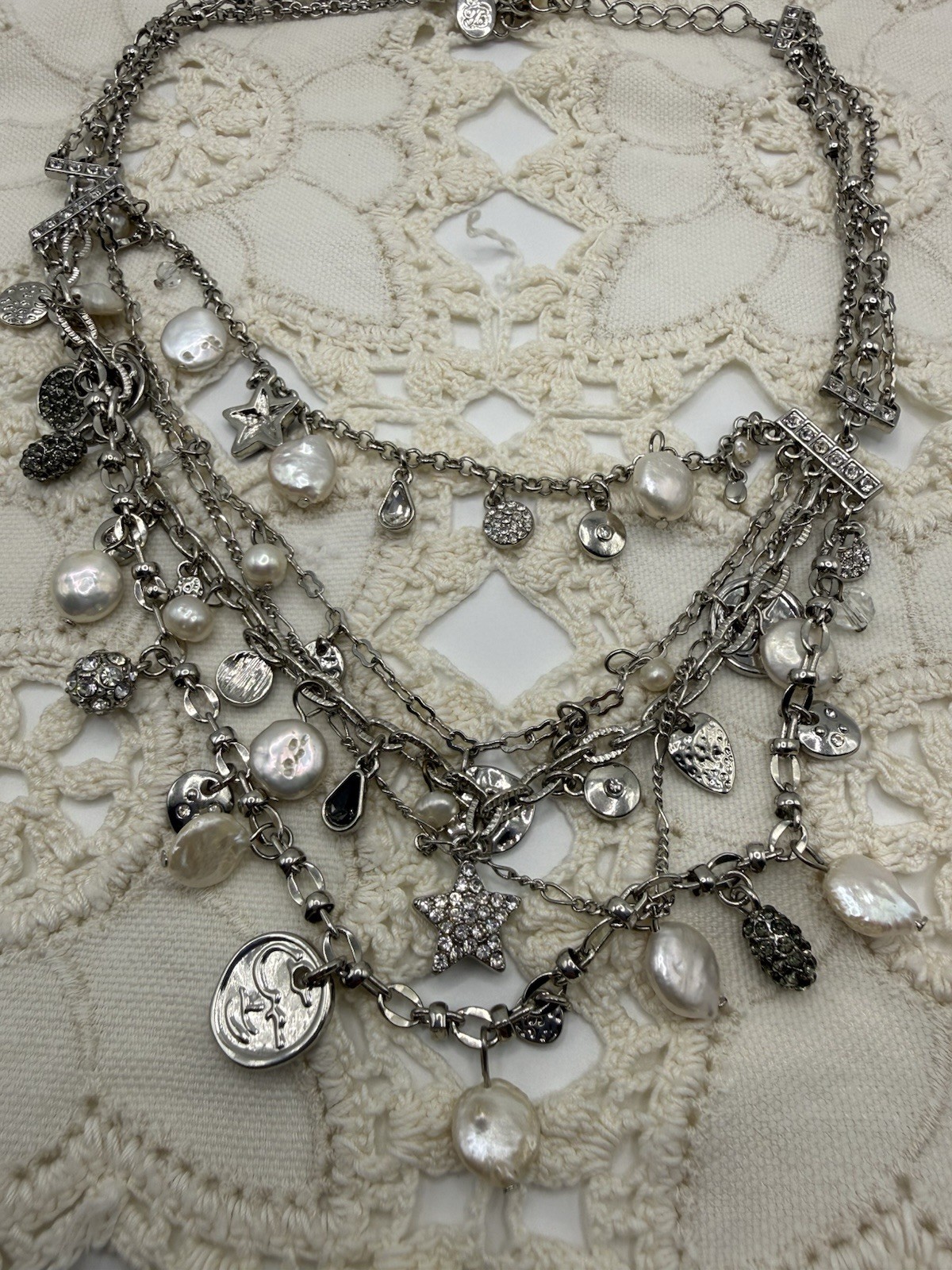 Tommy Bahama Silver Necklace Multi-Strand Freshwater Pearls Stars Beach Charms