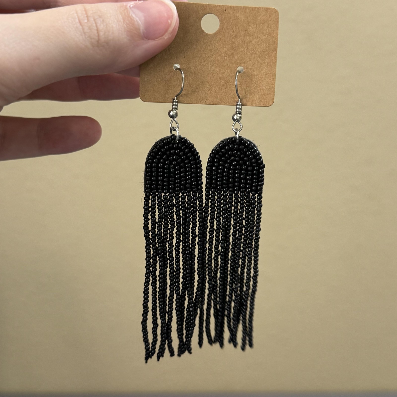 Black Beaded Tassel Dangle Drop Earrings 3.5 In Womens Boho Statement Jewelry
