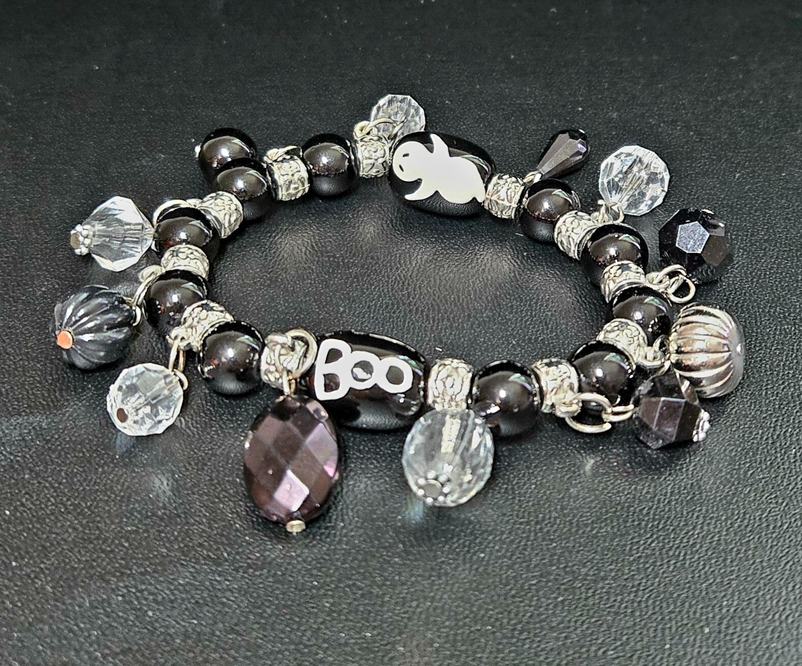 Halloween Bracelet Glass Beaded Stretch Bracelet Ghost Spooky Cat Bat Spooky 5