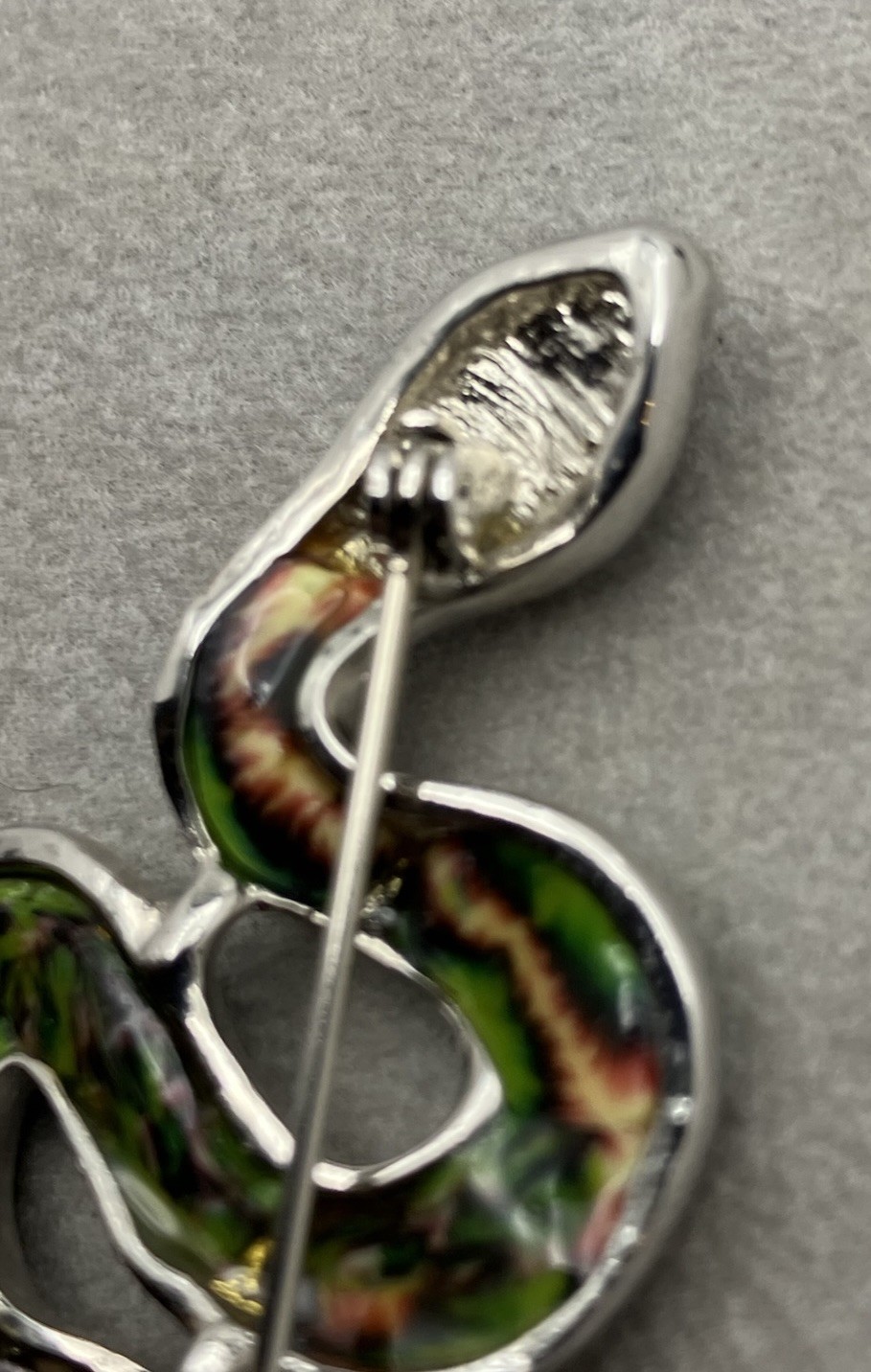 Silver Tone Enameled Snake Brooch Rhinestone Head 2.25 Inches