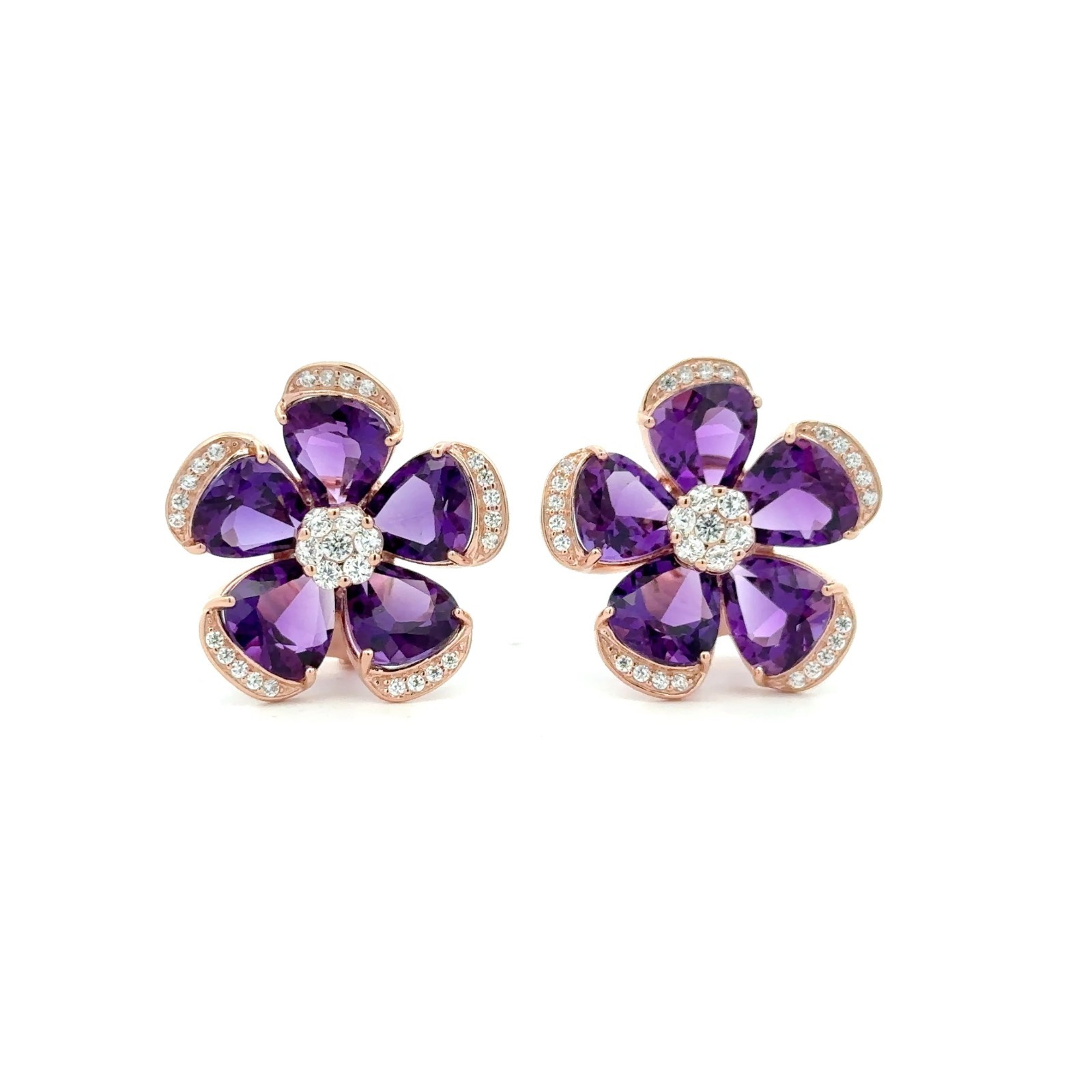 925 Silver Pink Rhodium Flower Earrings, Hydrothermal Stone, White Zircon