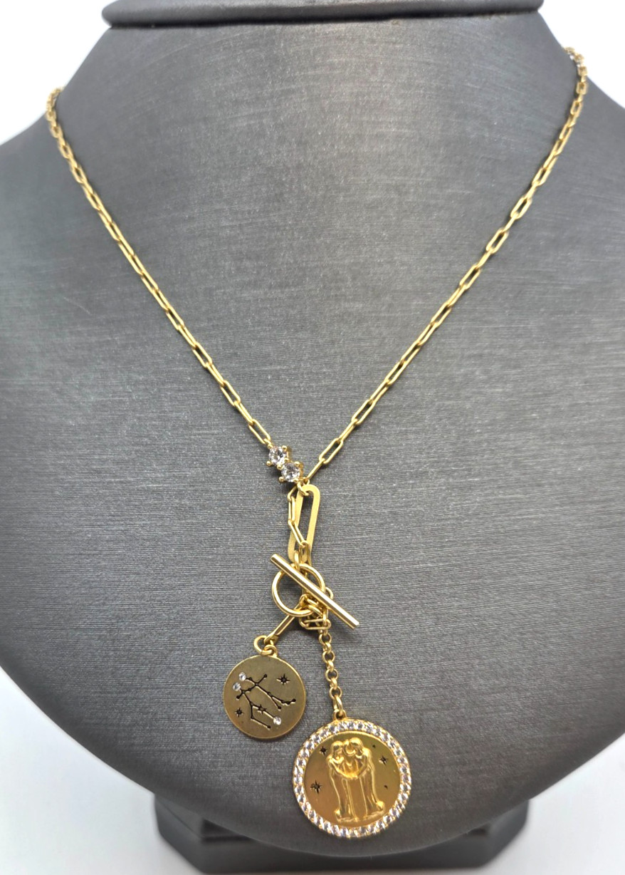 TAI Jewelry Double Coin Pendant Zodiac and Constellation Necklace -Gemini