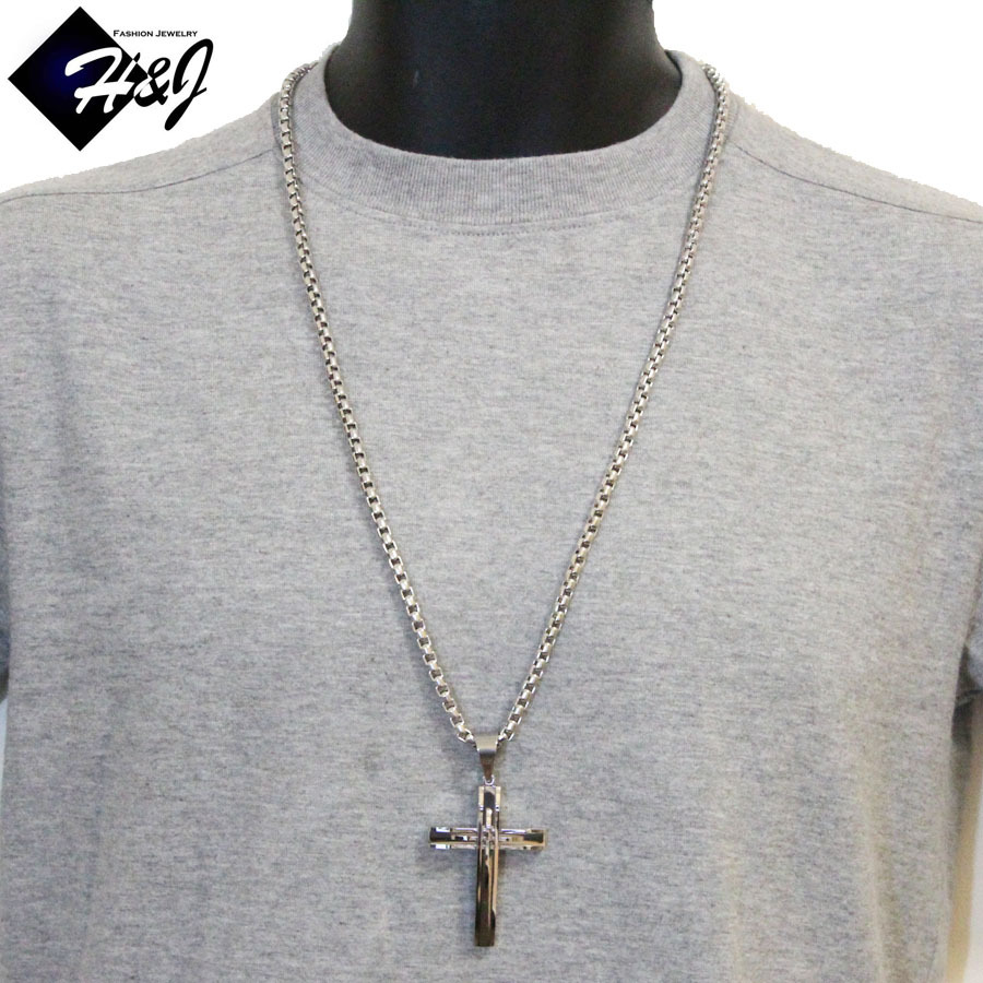 30″MEN’s Stainless Steel 5mm Silver Smooth Box Chain Necklace Cross Pendant*A