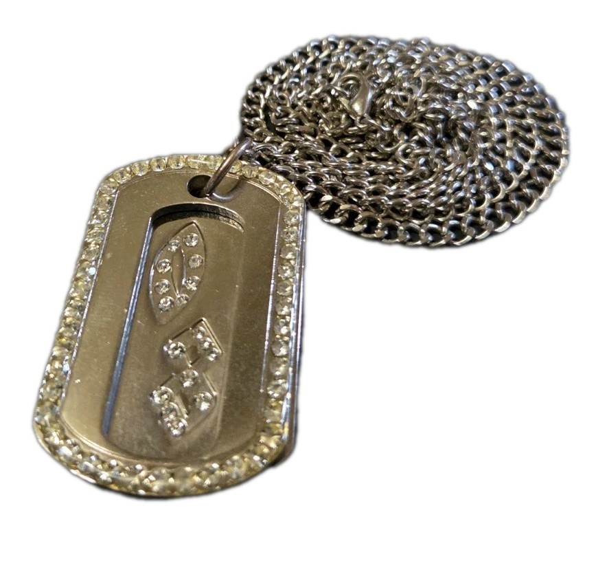 Double Dog Tag Necklace Silver Tone Clear Rhinestones 08 Bling 34.5″