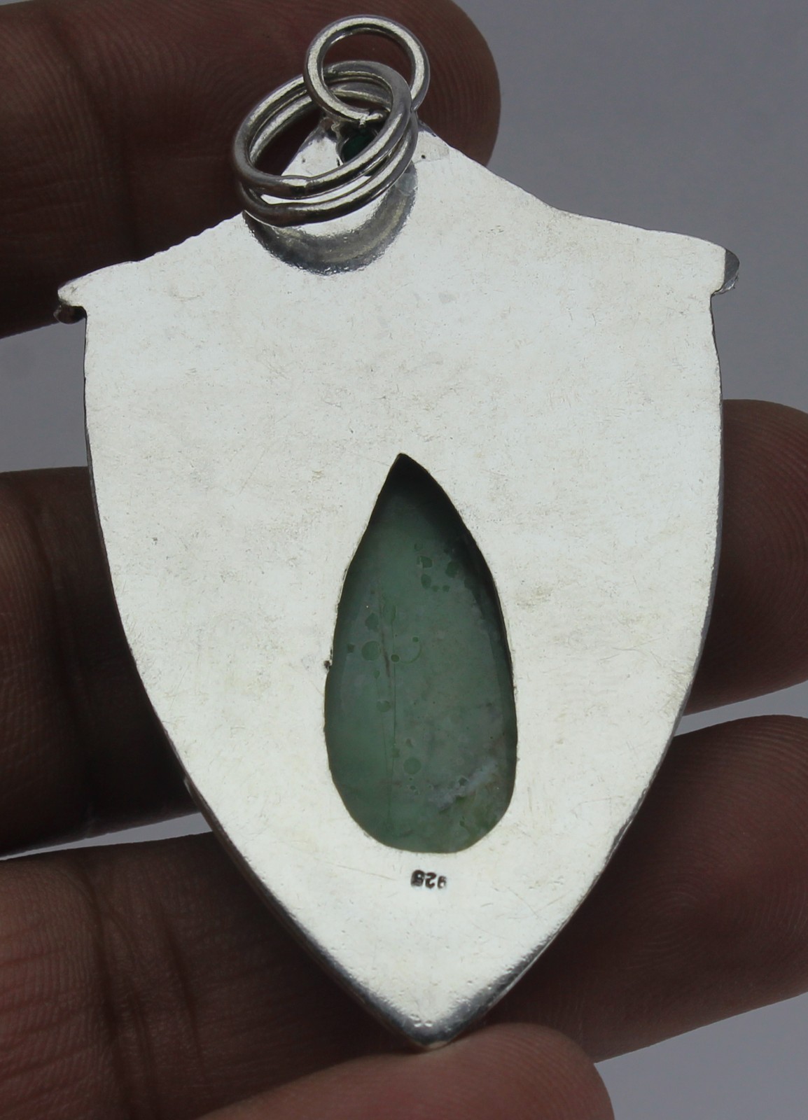Green Jade Style Gemstone Pendant Ornate Silver Tone Shield Boho Tribal Artisan