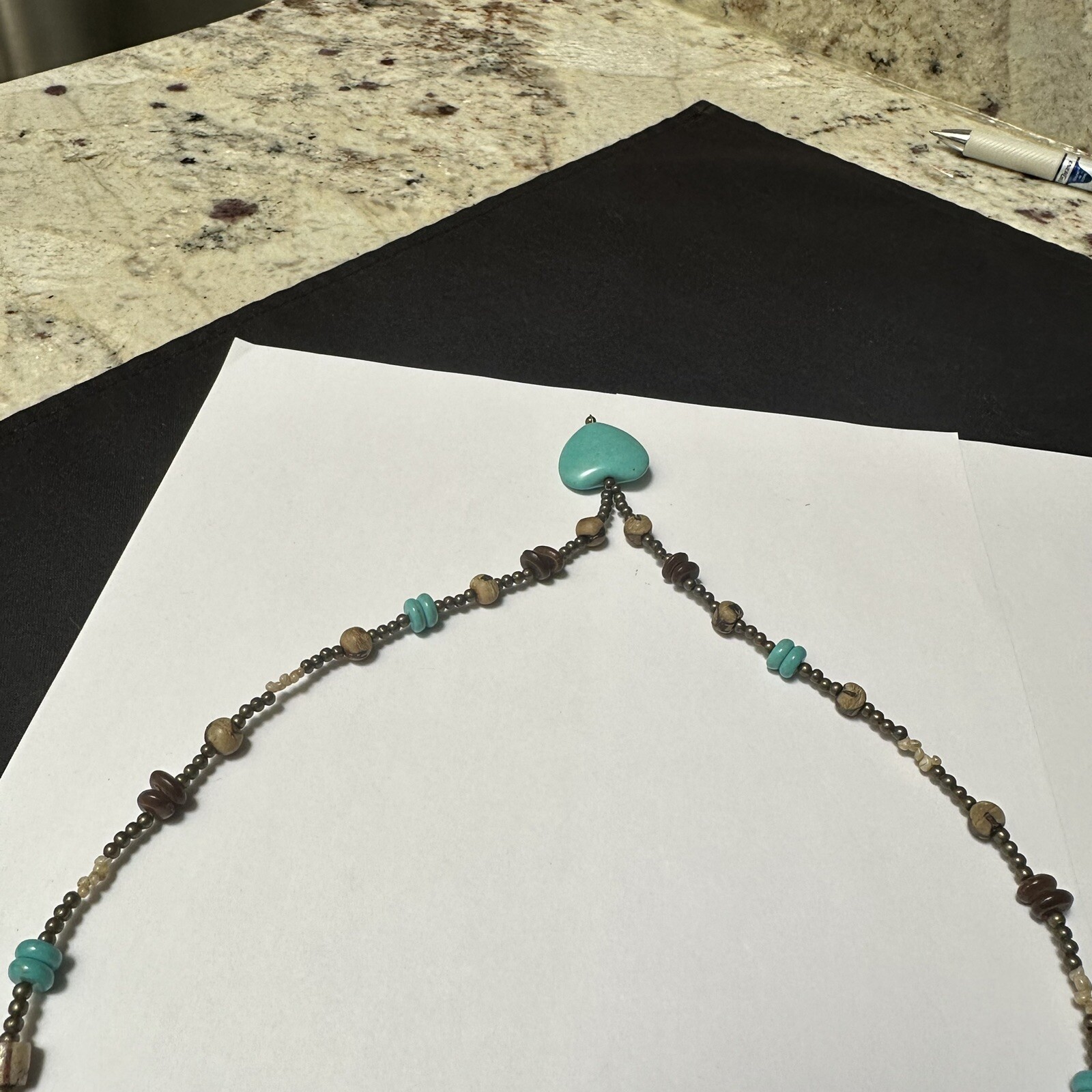 Women’s Hand Crafted Silver Tone / Blue & Brown Beaded Necklace – Stone Heart