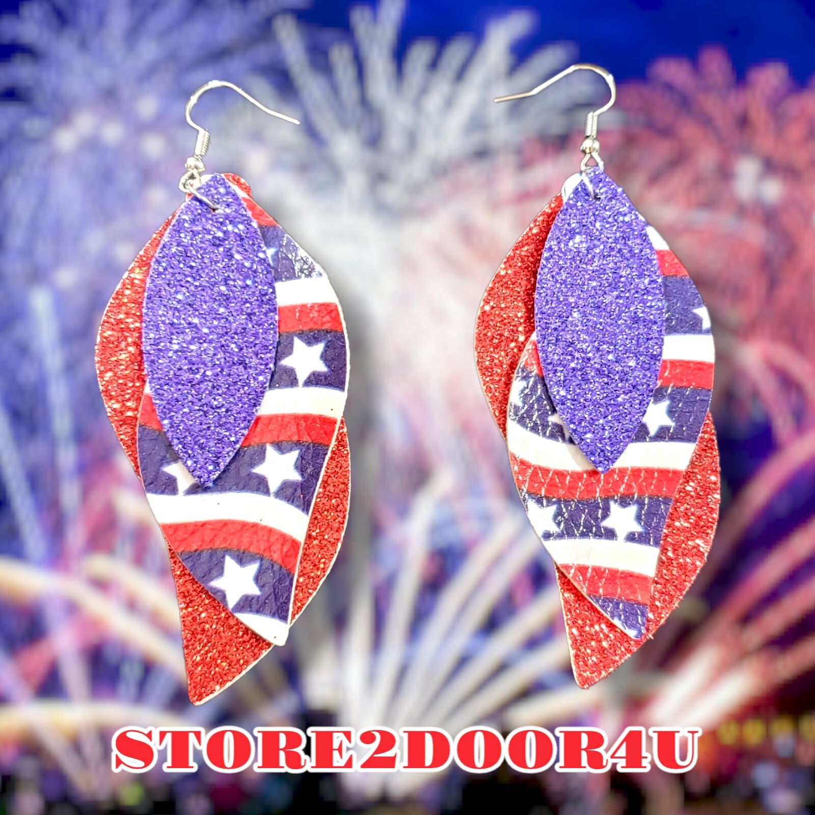 July 4th FAUX LEATHER EARRINGS 3 Layered Memorial Day American Earrings USA
