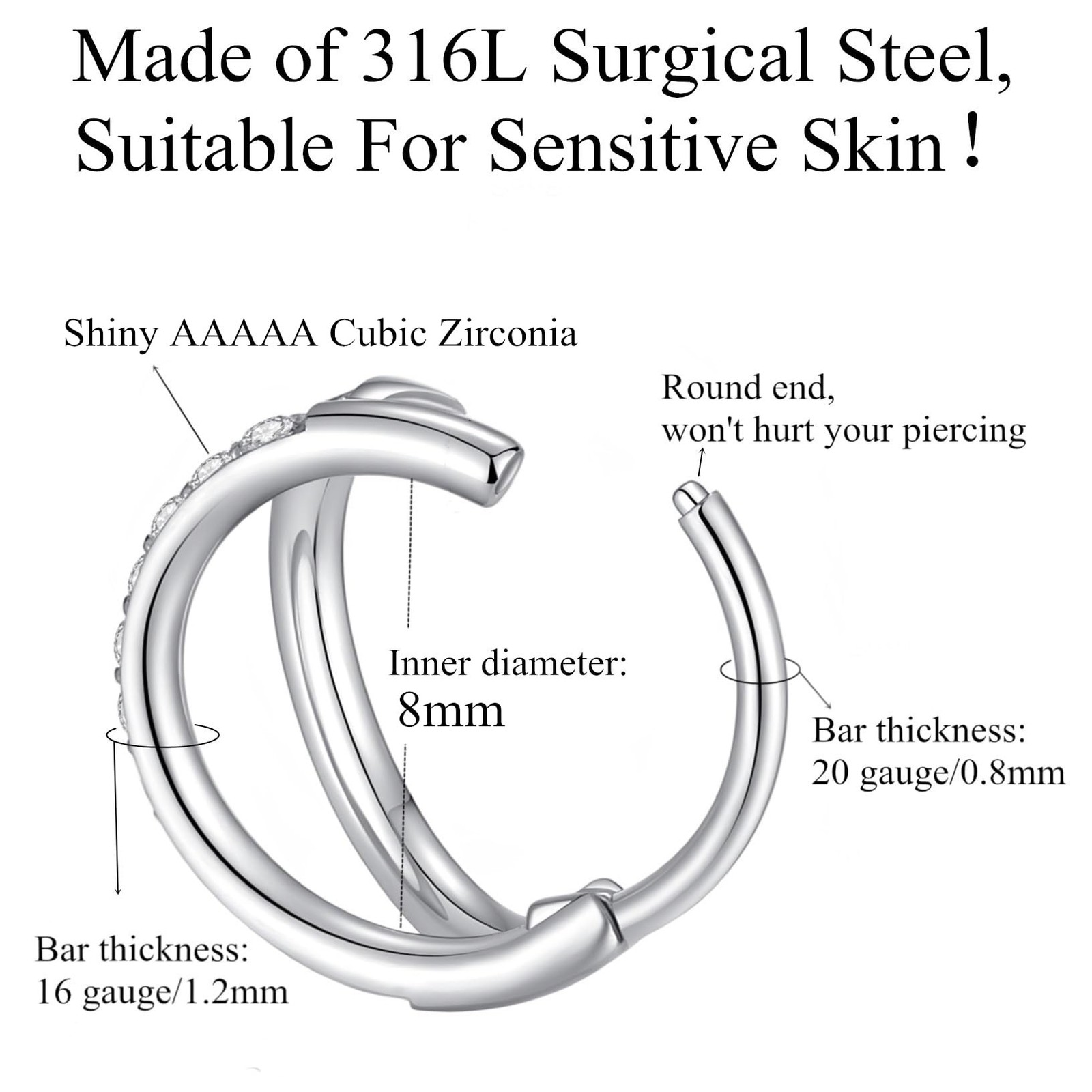 ORANGELOVE Double Open Stack CZ Nose Ring Hoop 316L Surgical Steel Helix Rook…
