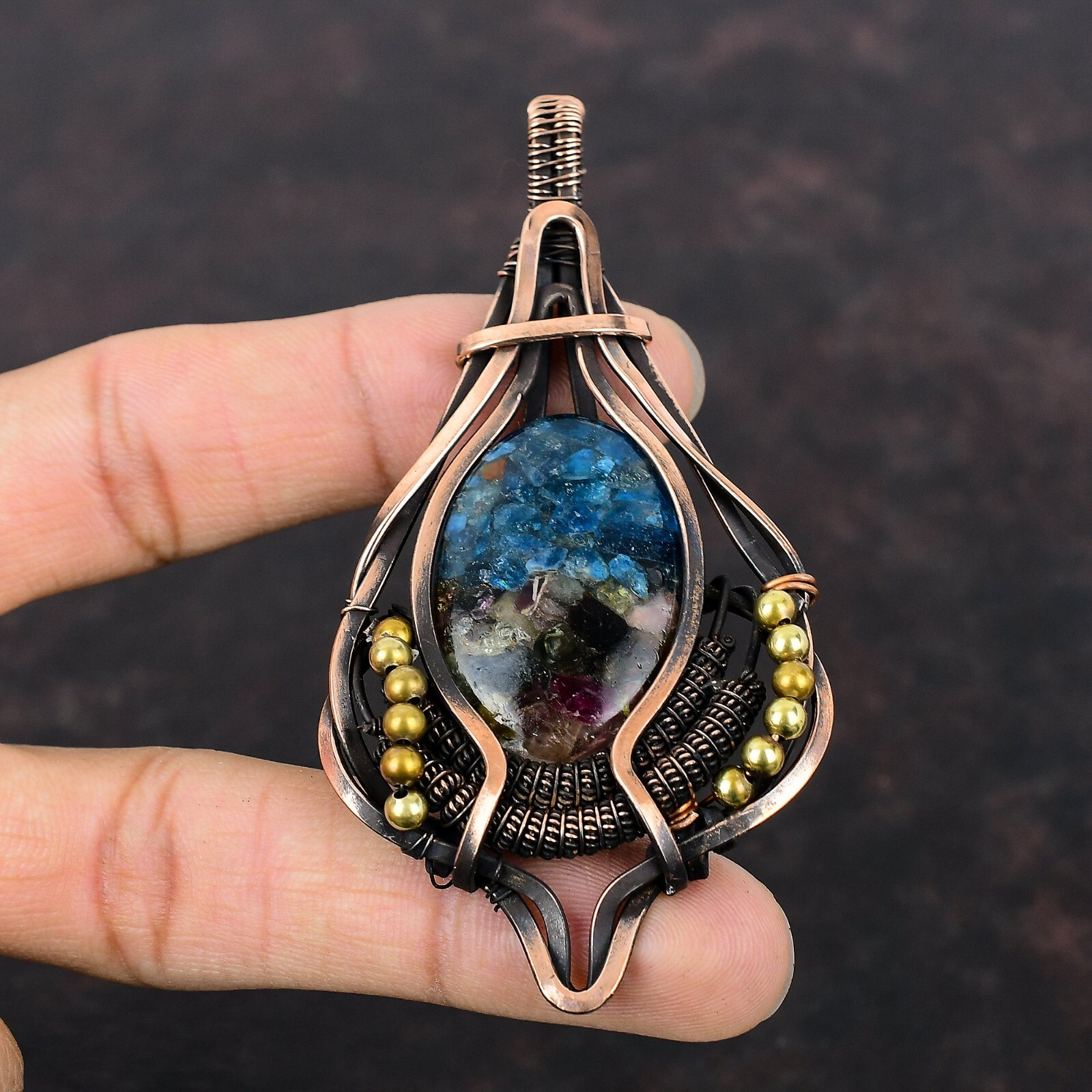 Watermelon Tourmaline Copper Gift For Friend Wire Wrapped Pendant 3.58″
