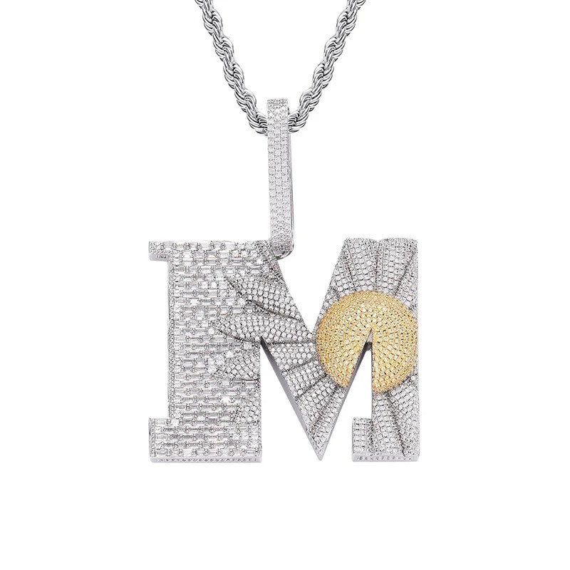 Hip Hop Bling Iced Big Daisy Flower Letter M CZ Pendant Necklace Fashion Jewelry