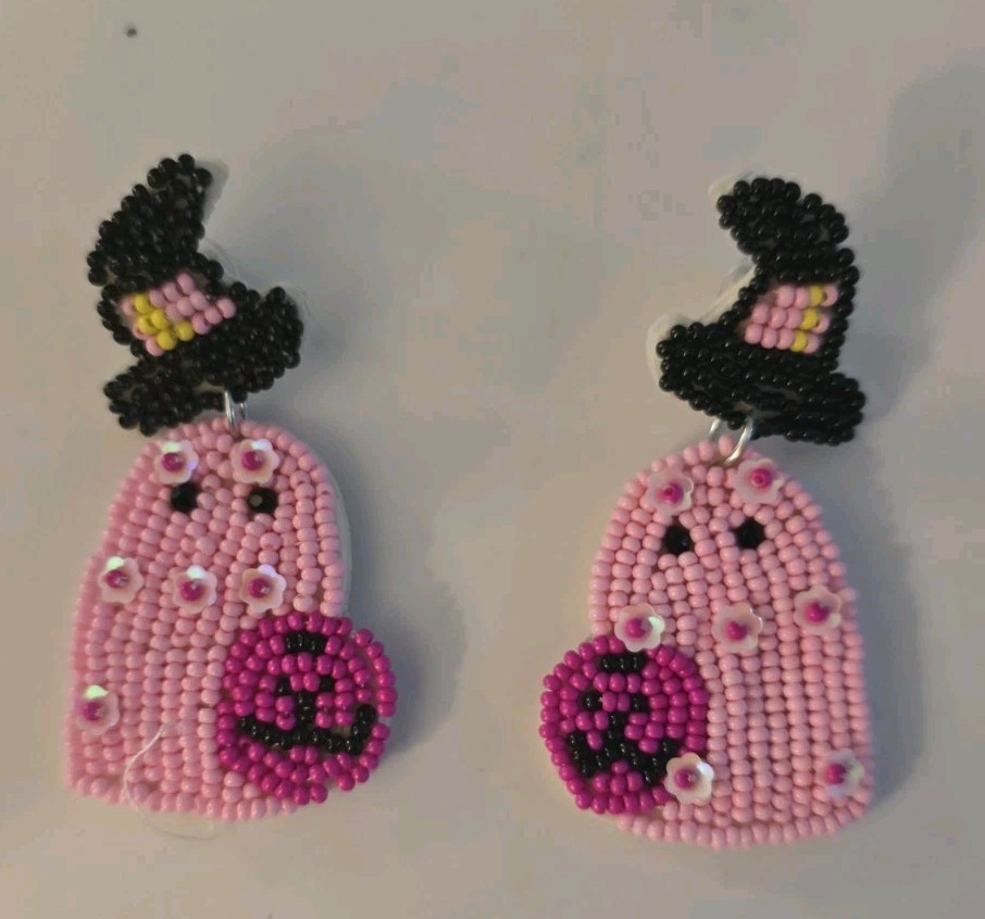 Halloween Pink Ghost Witch Beaded Earrings Whimsical Cute