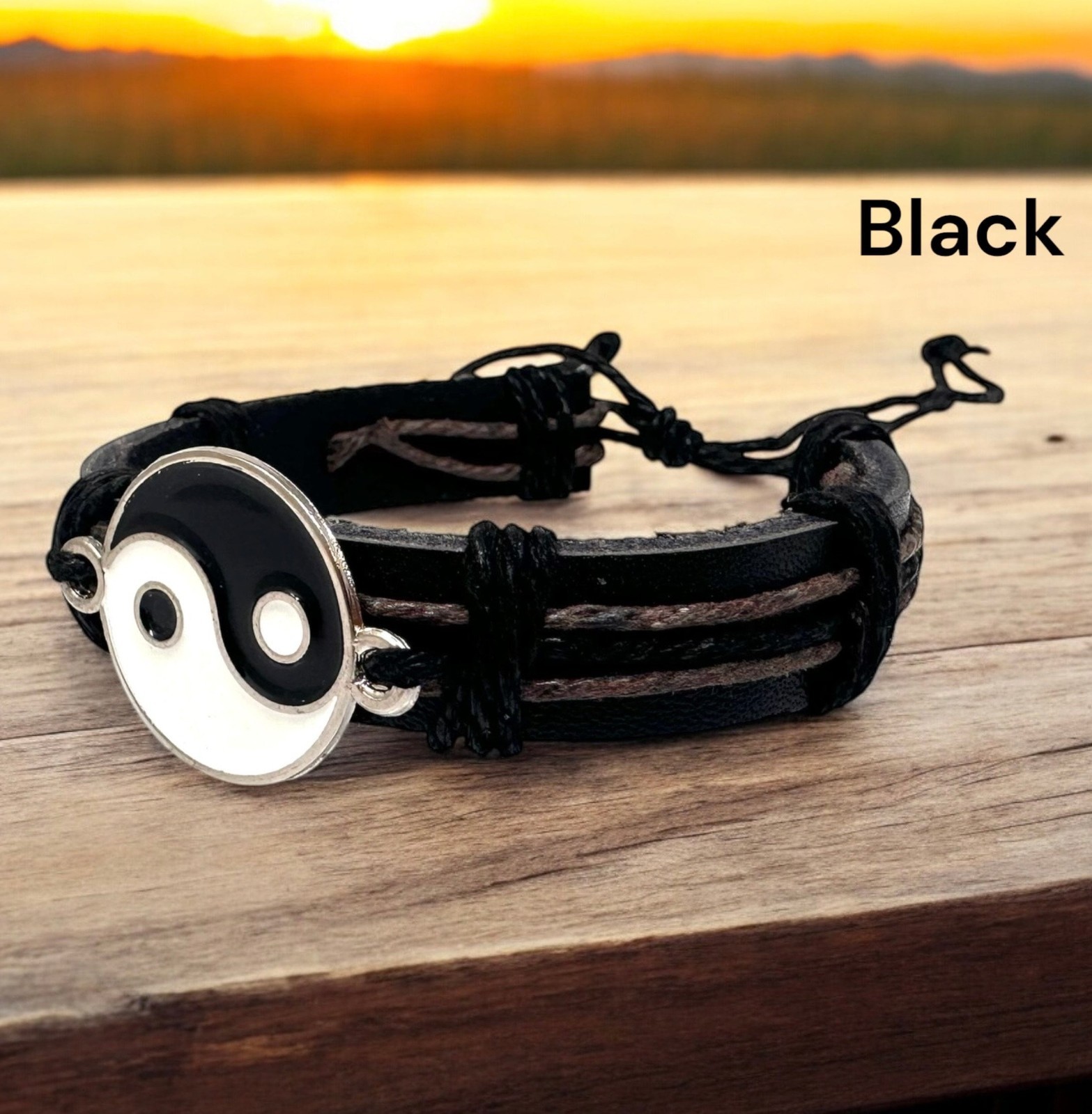 Yin Yang Leather Bracelet Adjustable Unisex Handmade Balance Symbol 6-10in