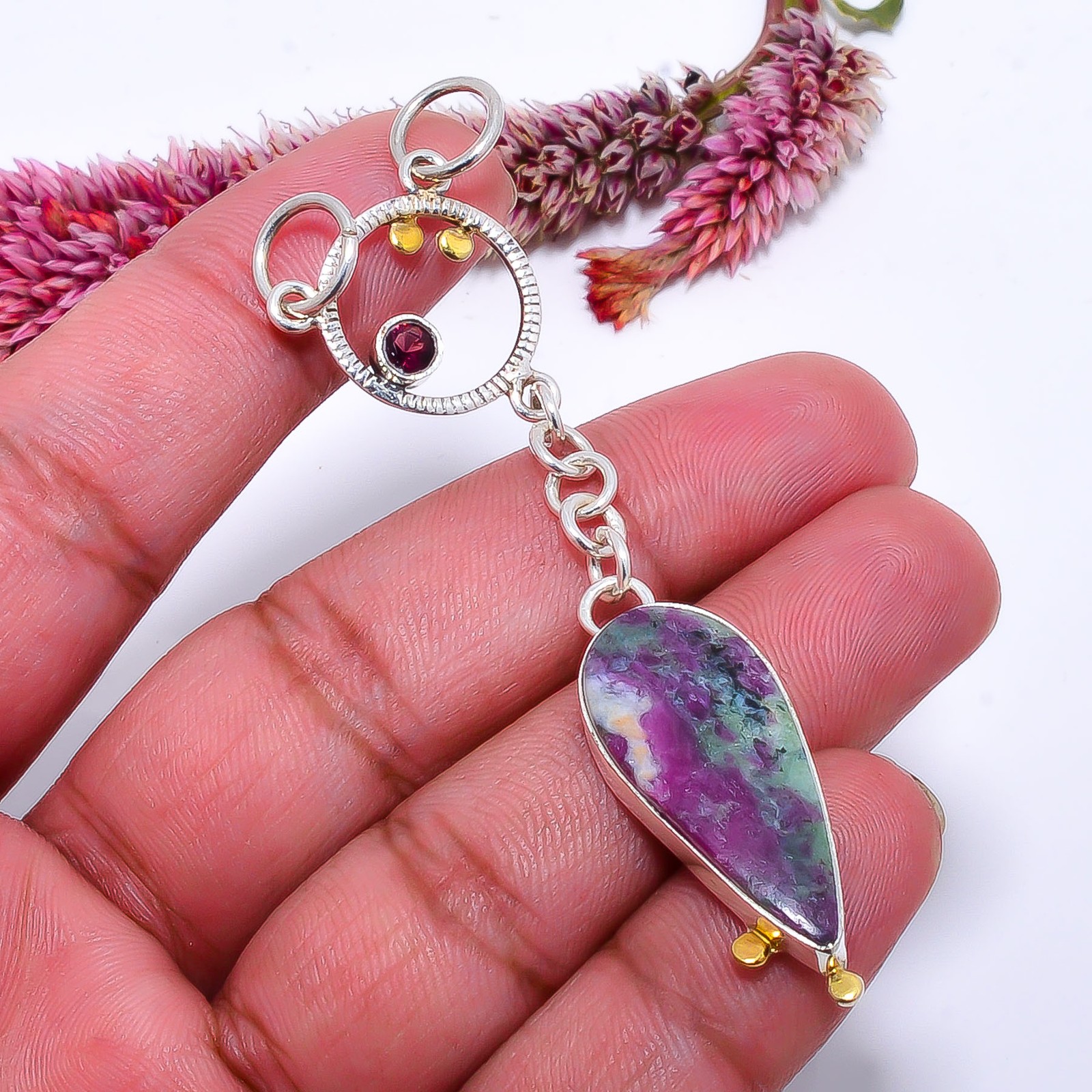 Ruby With Zoisite & Red Garnet 925 Silver Two Tone Pendant 2.85″ P10371114658