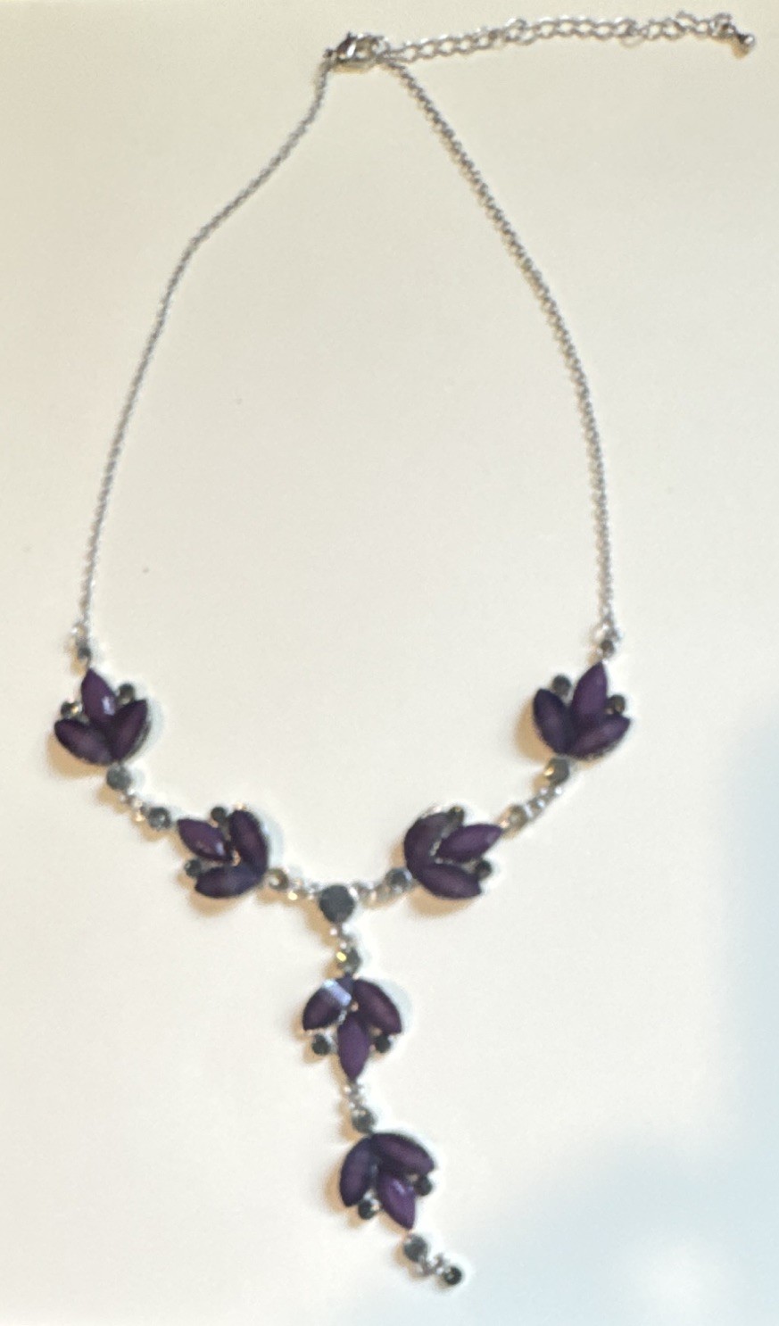 Purple Floral Marquise Pendant Necklace Silver Oval Link Y-Drop Lobster Closure