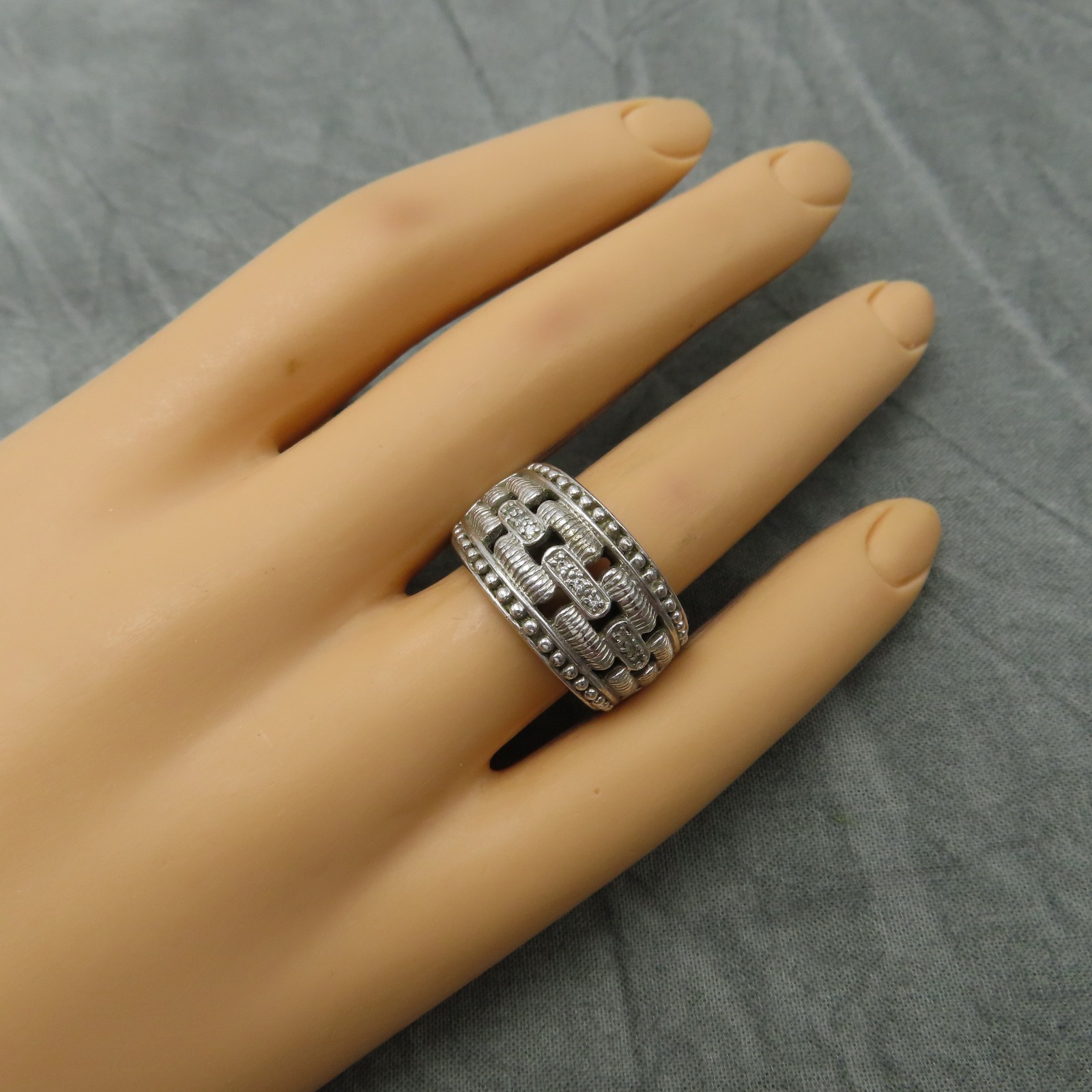 Judith Ripka Sterling Silver Ring Cocktail Clear CZ Crystal Sz 6 Wide Band 919f