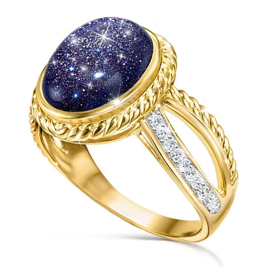 925 Silver Ring With Gold Overlay Starry Night Blue Cabochon Stone ring