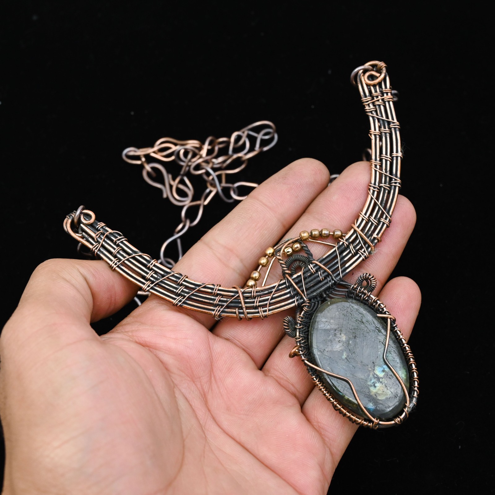 Copper Wire Wrapped Labradorite Pendant Necklace Artisan Handcrafted Necklace