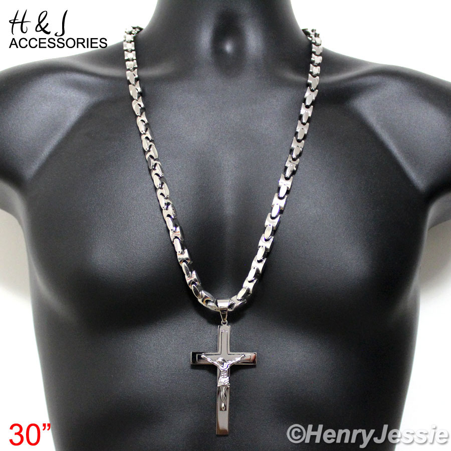 20″24″30″MEN Stainless Steel 8mm Silver Interlock Link Necklace Cross Pendant*J1