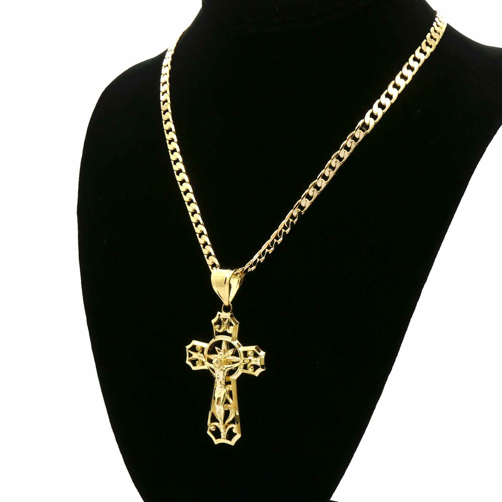 Mens 18k Gold Plated Brass Jesus Curve Cross Pendant 6mm 24″ Cuban Chain