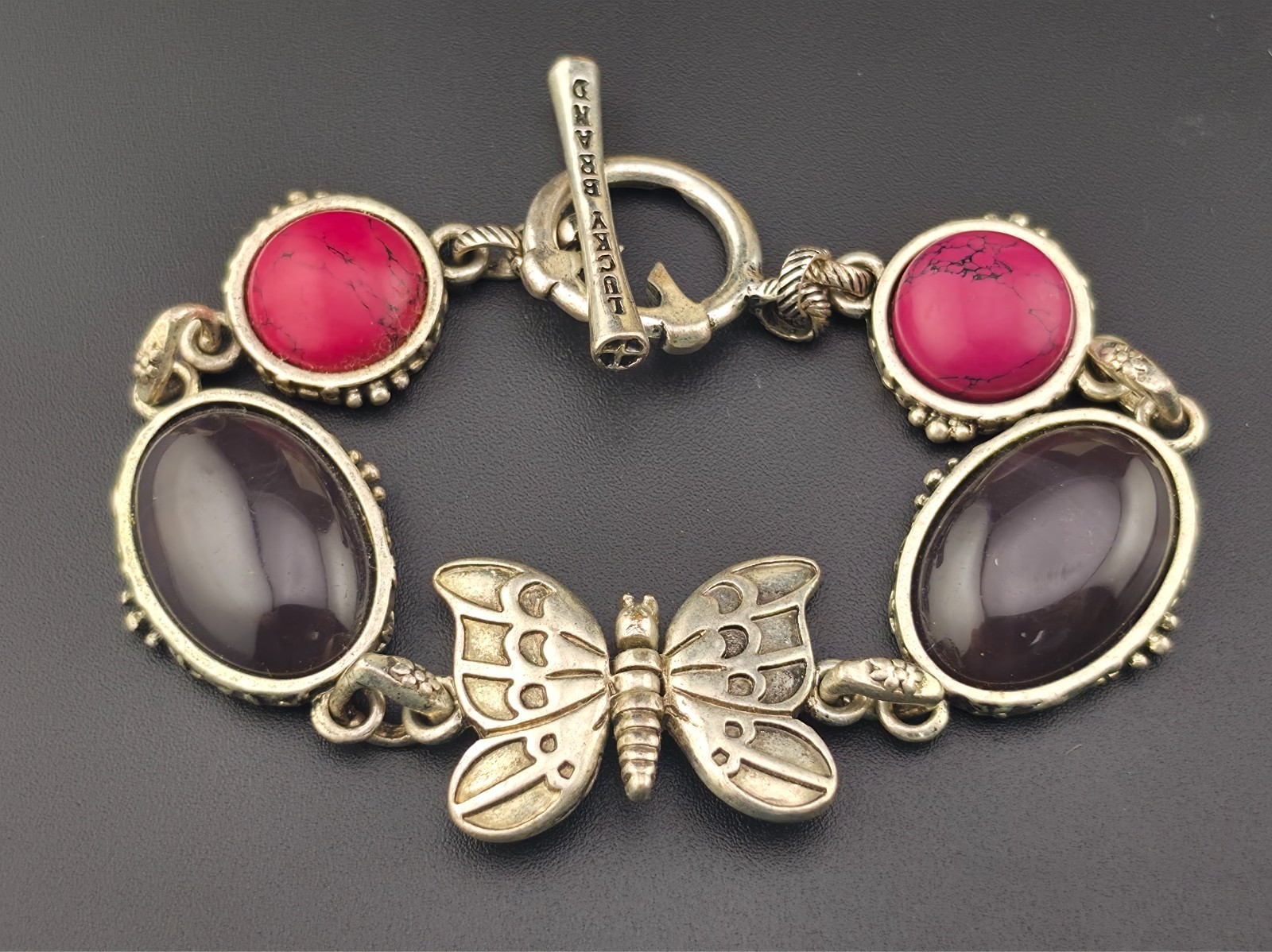 Lucky Brand Butterfly Charm 7.5″ Bracelet Black Pink Lucite Cab Silver Plated