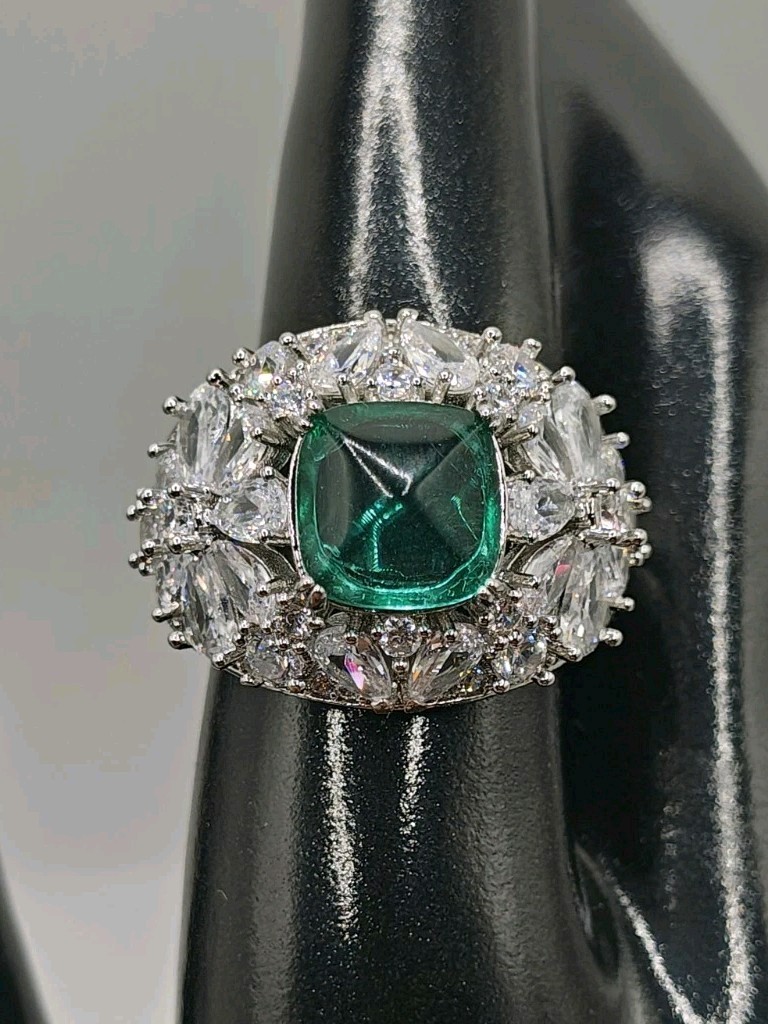 Simulated Green Paraiba Tourmaline Flower Pear Cubic Zirconia Ring Size 10.5