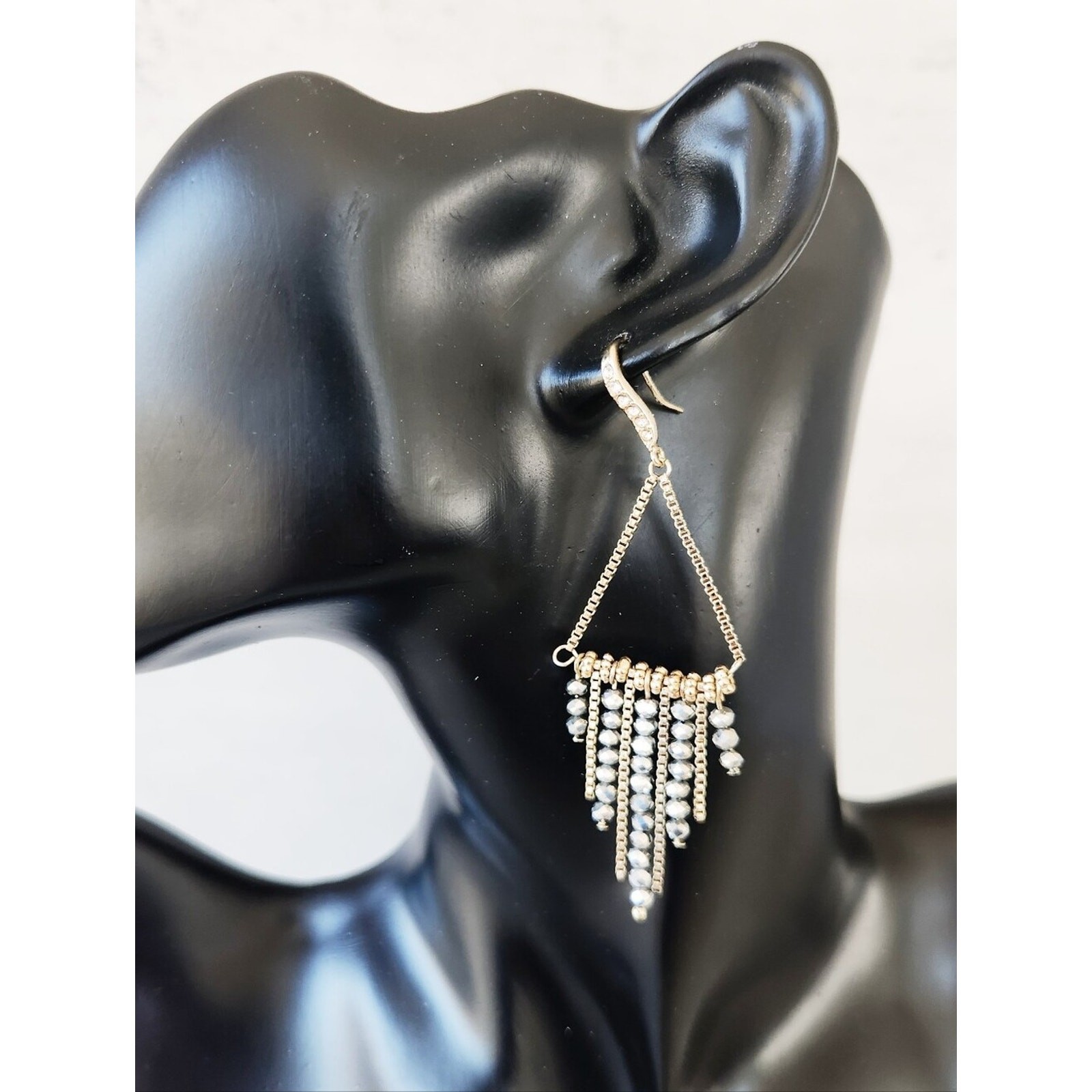 Gold Chain Dangle Drop Beaded Rhinestone Earrings Triangle Shape Party Disco