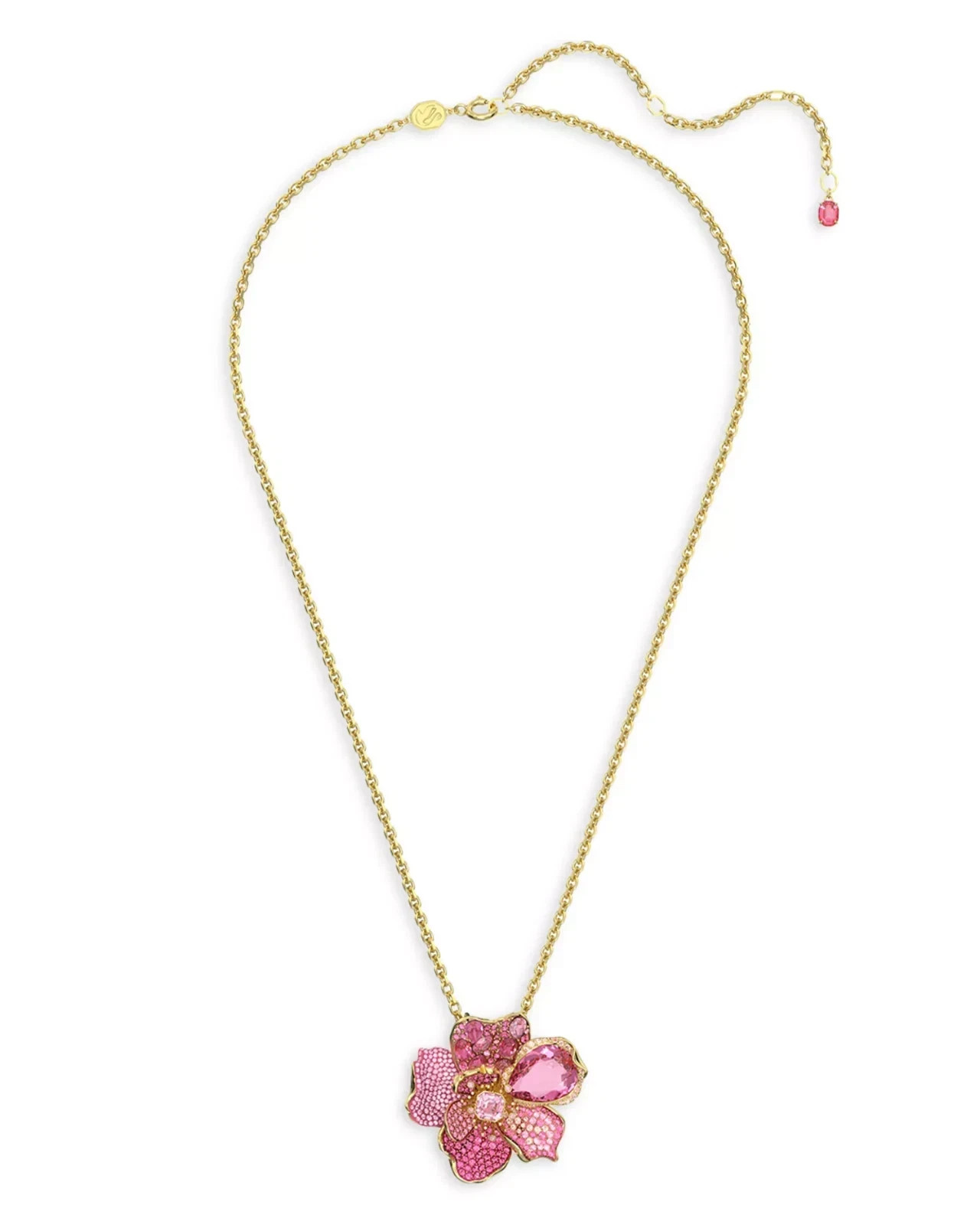 Swarovski Idyllia Gold Tone Pink Crystal Flower Pin Pendant Necklace Jewelry