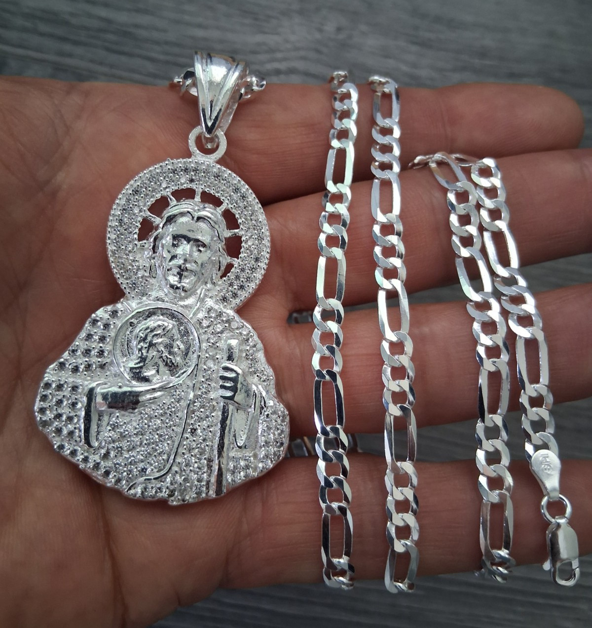 cadena y san judas c/zirconia plata 925 /silver chain & st jude 24″ 4.9mm long.