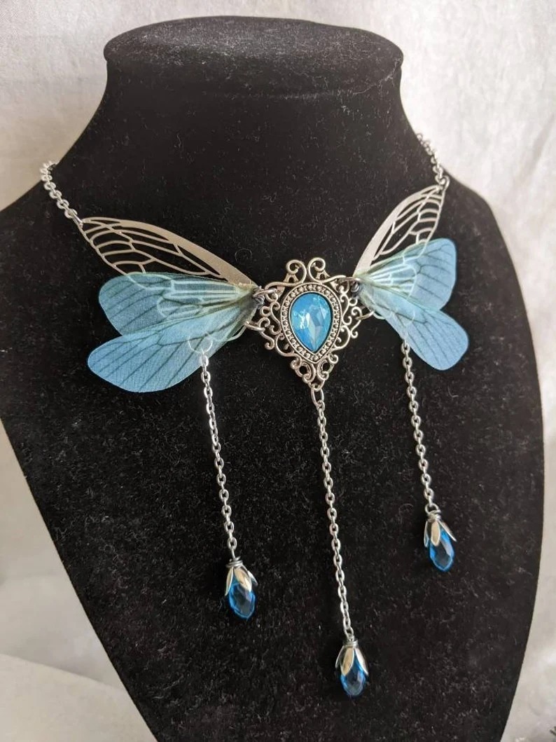Fairy Wing Pendant Necklace Gothic Butterfly Crystal Charm Chain Fantasy Cosplay