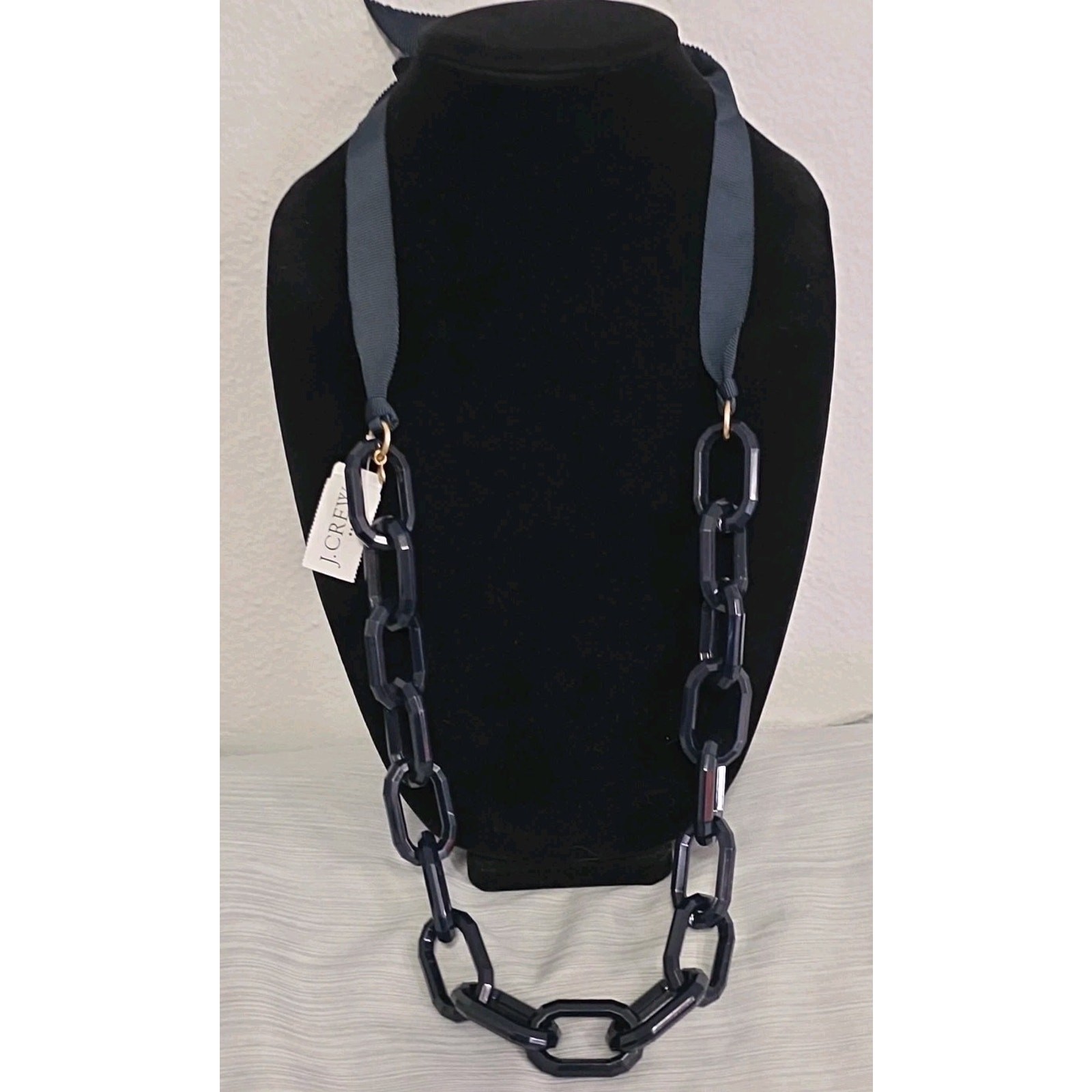 J. Crew Signed Chunky Blue-Black Acrylic Chain Link Necklace Ribbon Tie Back NWT