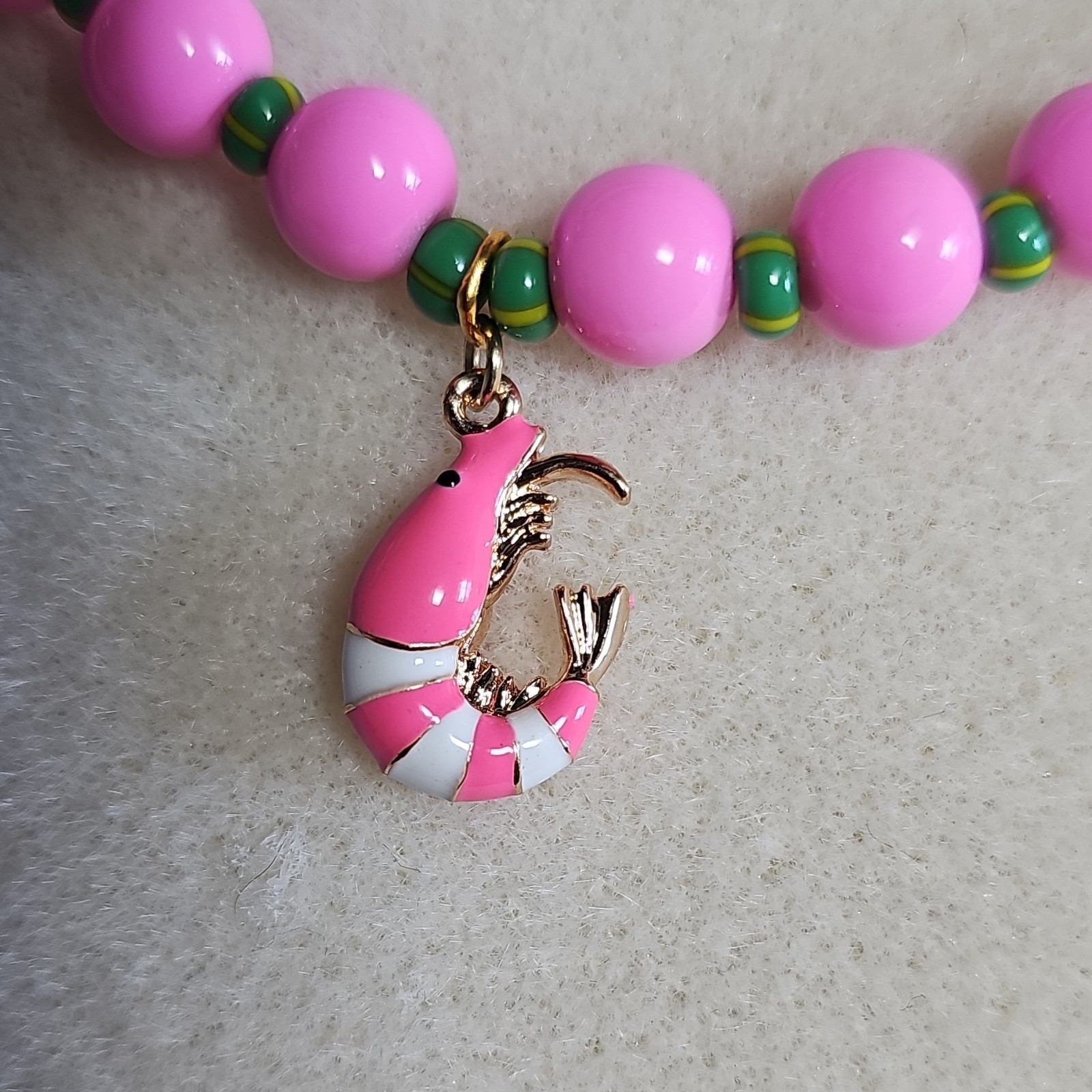 Pink Glass Beaded Necklace w/ Enamel Shrimp Charm Lobster Clasp Adjustable Ext