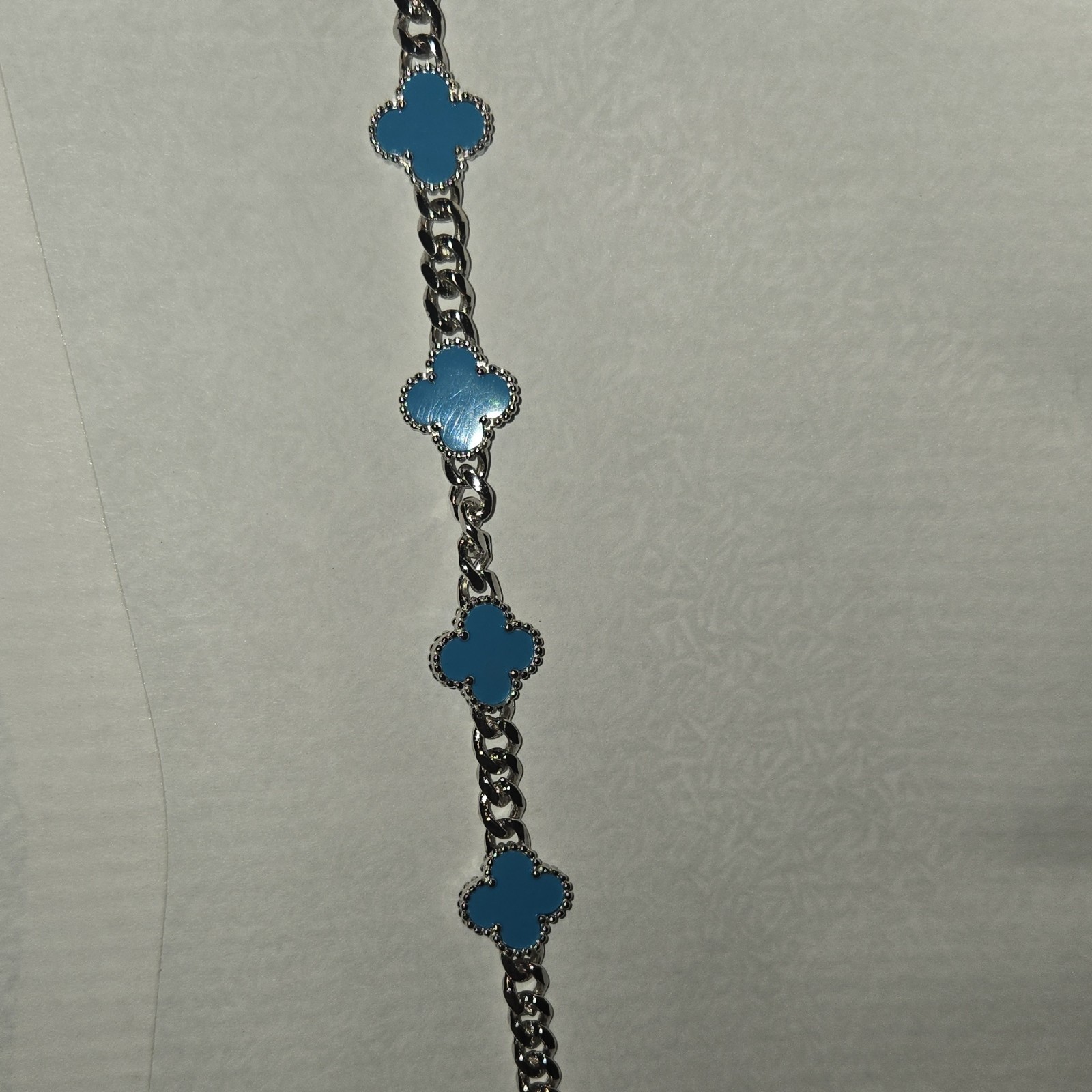 Silver Tone Cable Chain Bracelet Clover Enamel Links natural stone