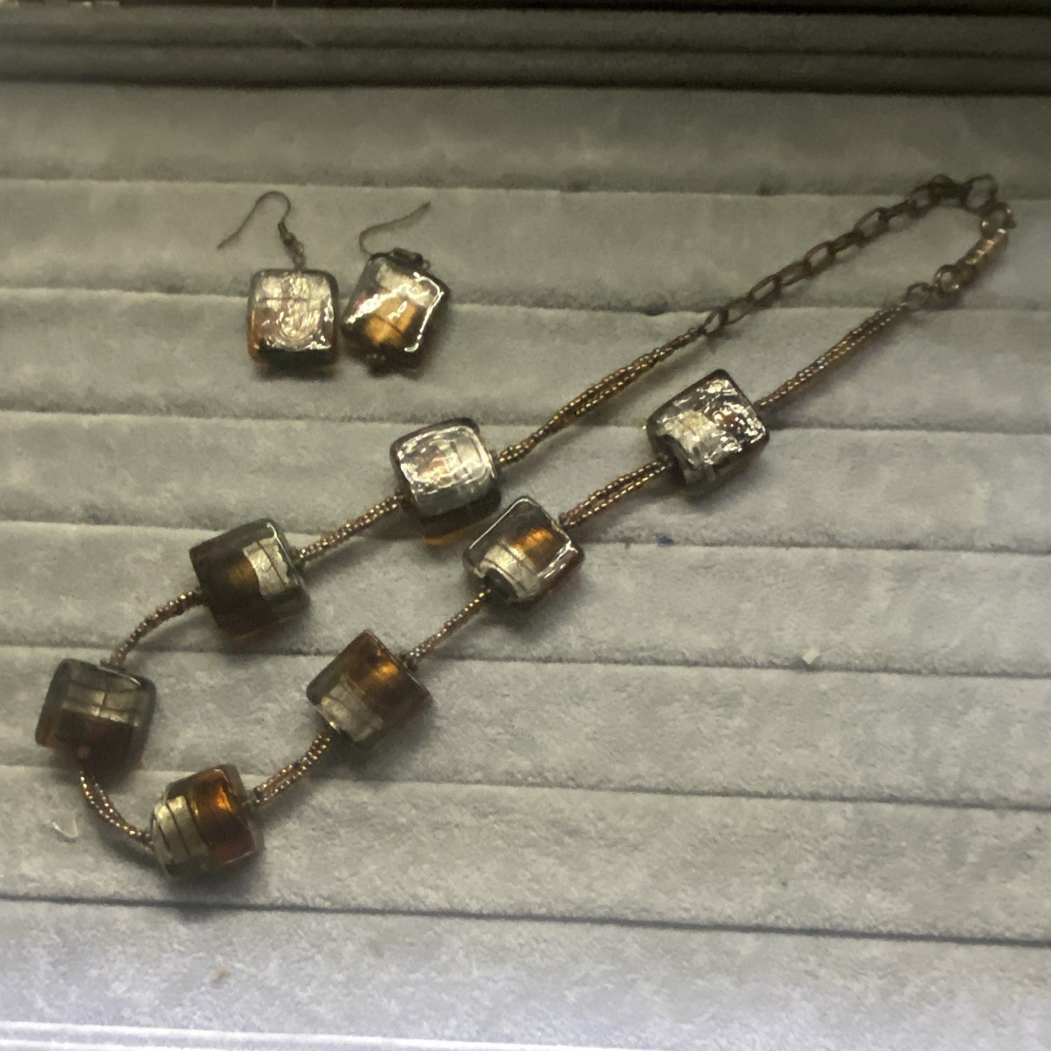 Silver Tone Square Glass Bead Necklace & Dangle Earrings Jewelry Set Brown/Clear