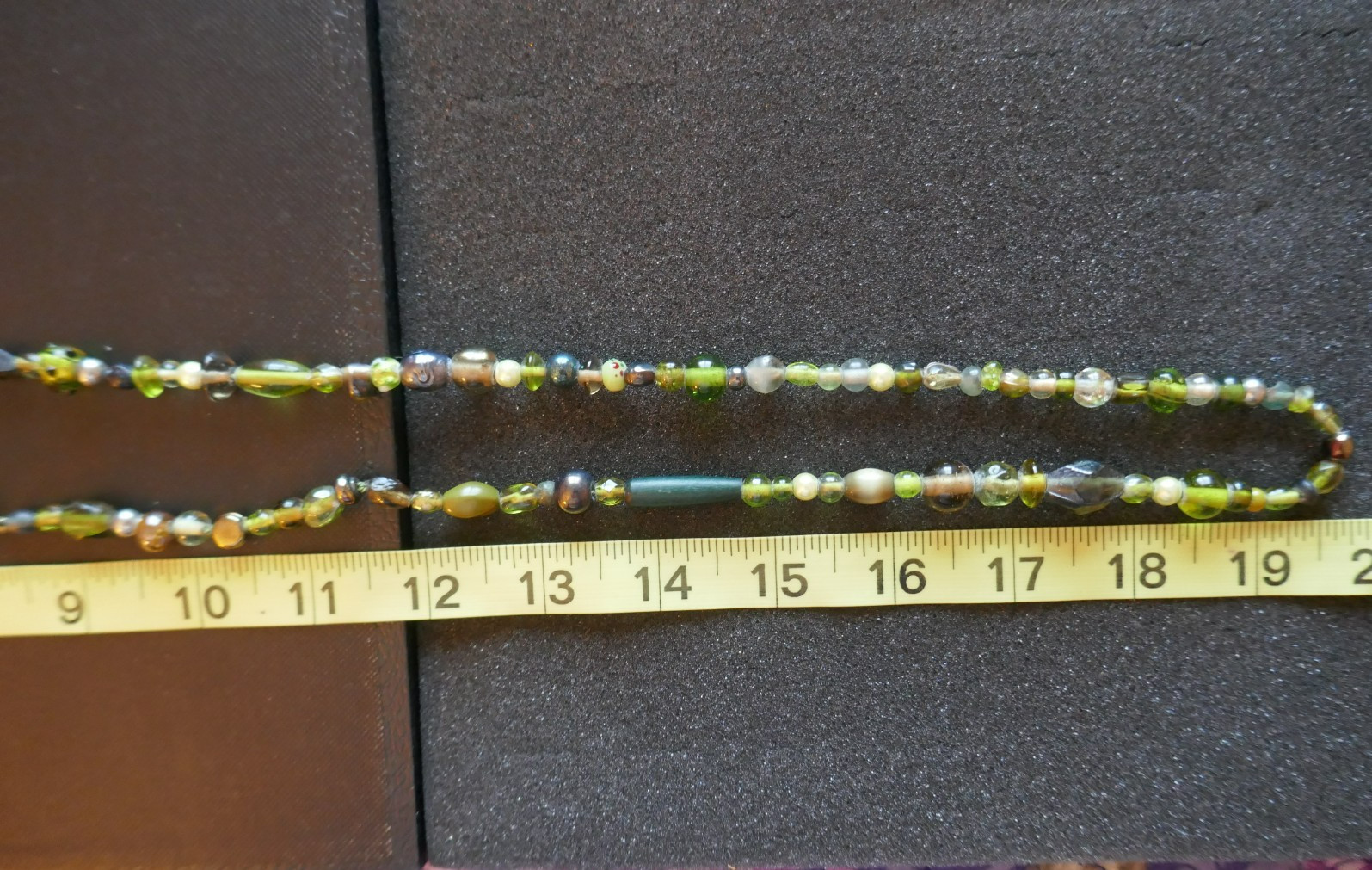 40″ Long Necklace Green Copper Gold Large Abstract Shapes Acrylic & Glass Beads