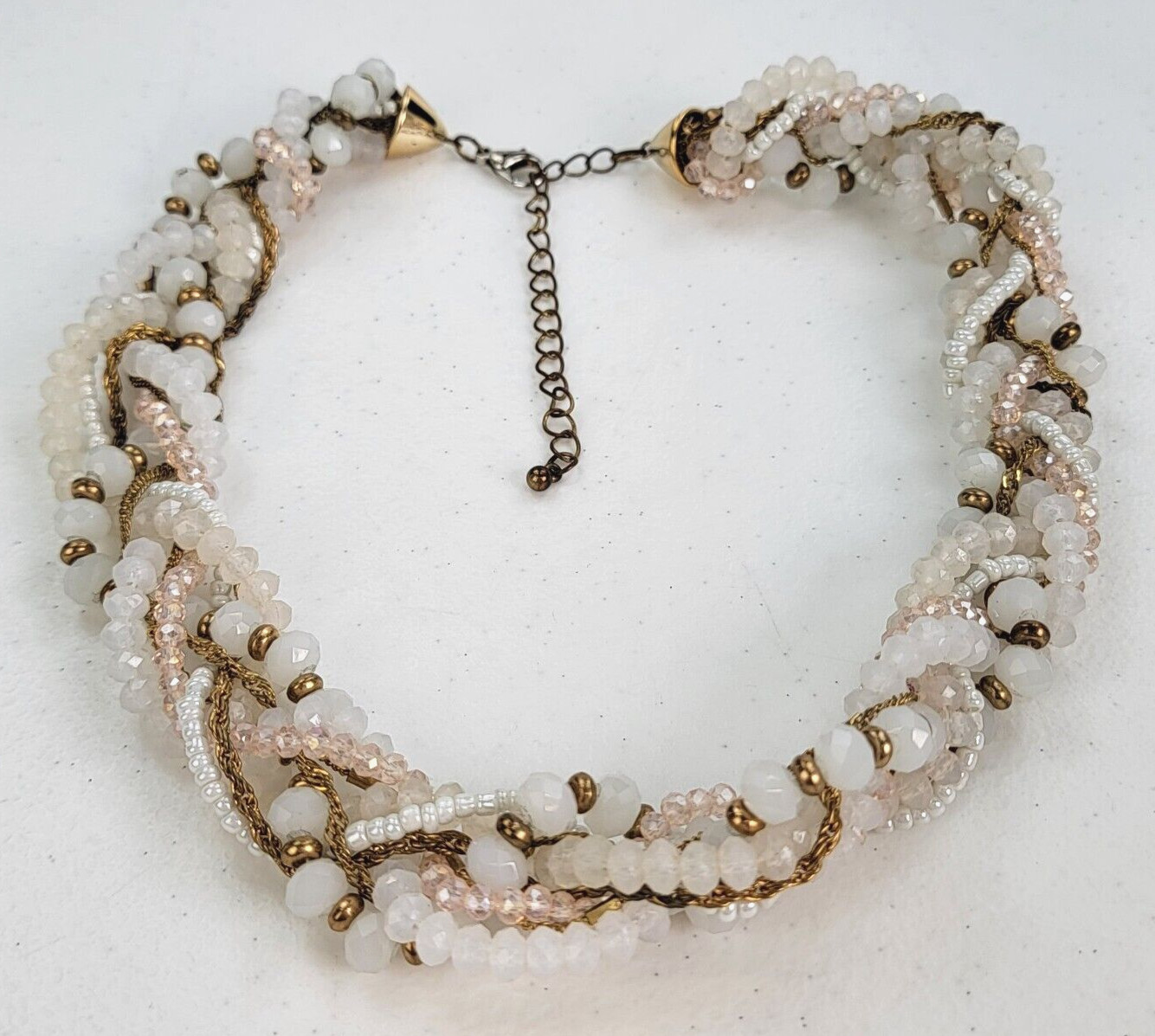 Vintage White Milky Glass Faux Pearl Torsade Necklace Twisted Multi Strand 21 in