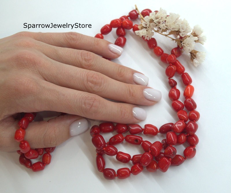 Long red coral necklace Long wrap statement necklace Handmade coral necklace