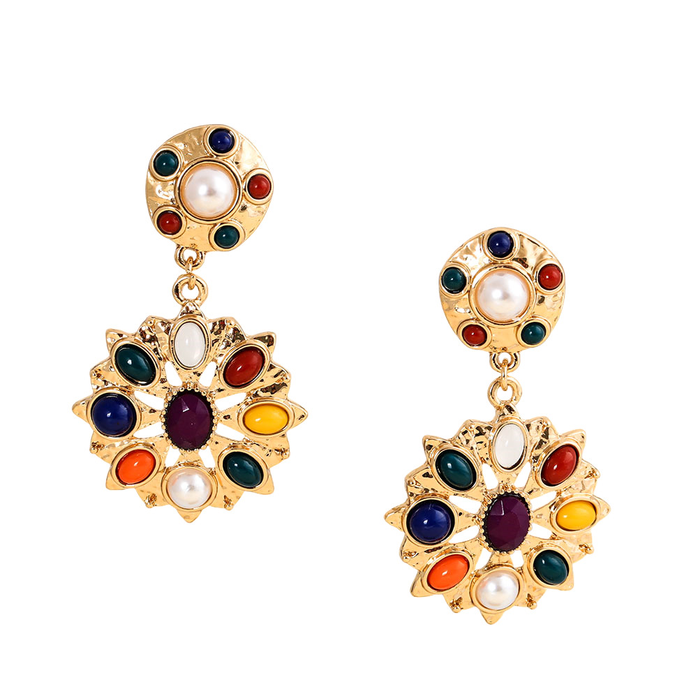 Multi Color Stone Floral Drop Earrings Gold Plated Retro Pearl Statement Jewelry