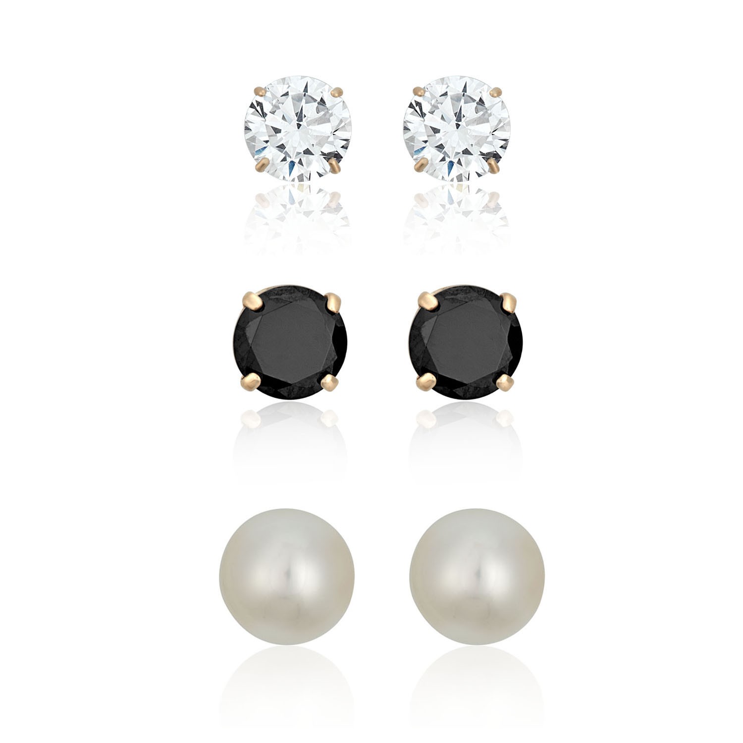 AVORA 10K Yellow Gold Freshwater Pearl, Black and White Cubic Zirconia CZ Three