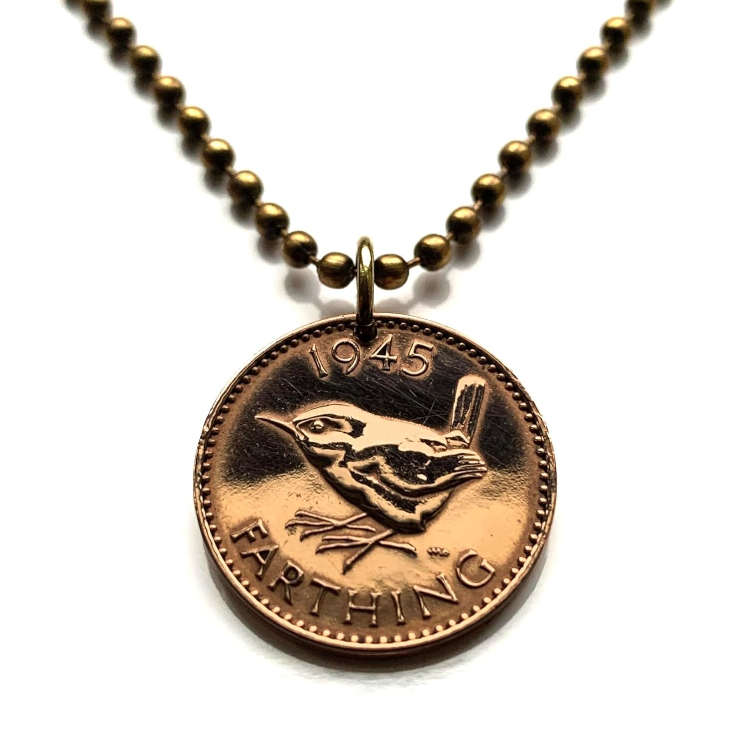 1945 United Kingdom Great Britain 1 Farthing coin pendant wren Jenny bird 000049