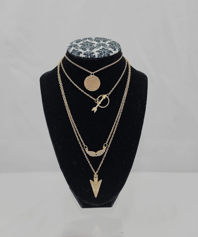Layered Necklace 4 Tier Gold Tone Chain Arrow Angel Wings Arrowhead