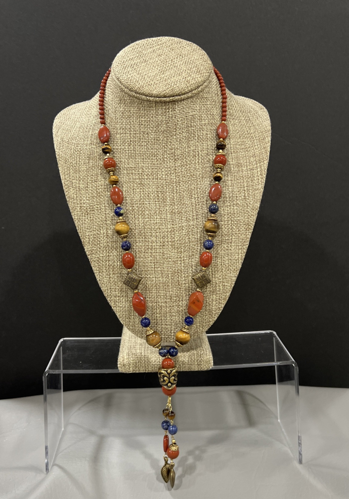Bohemian Tribal Necklace Blue Orange Tiger’s Eye Beaded Statement Pendant