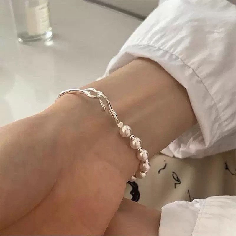 Pearl Open Cuff Bracelet Irregular Wave Bangle Asymmetrical Pearl Bracelet 008