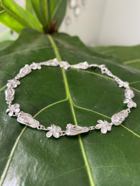 Hawaiian Sterling Silver Plated Flip Flop Sandals Linked Plumeria Flower Anklet
