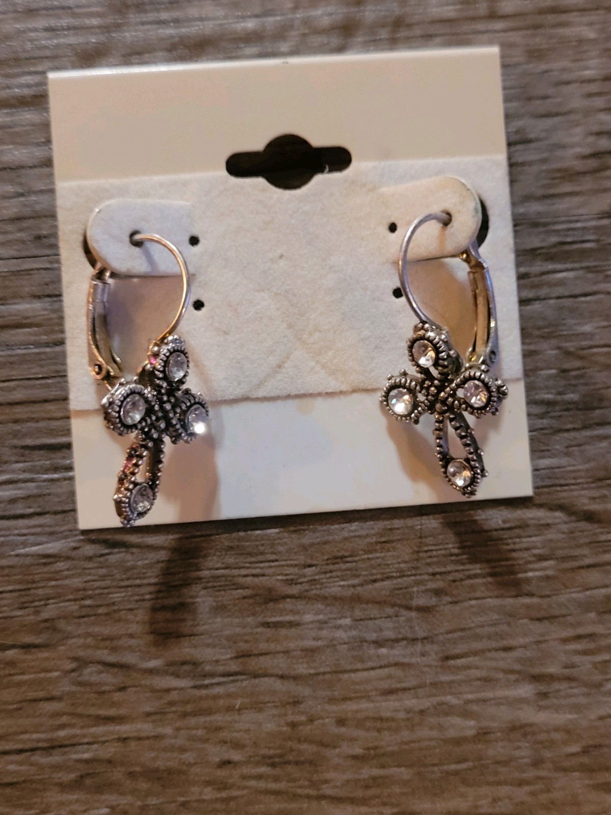 Silver Tone Faux Marcasite Cross Earrings Dangle Drop Lever Back Pierced Women’s