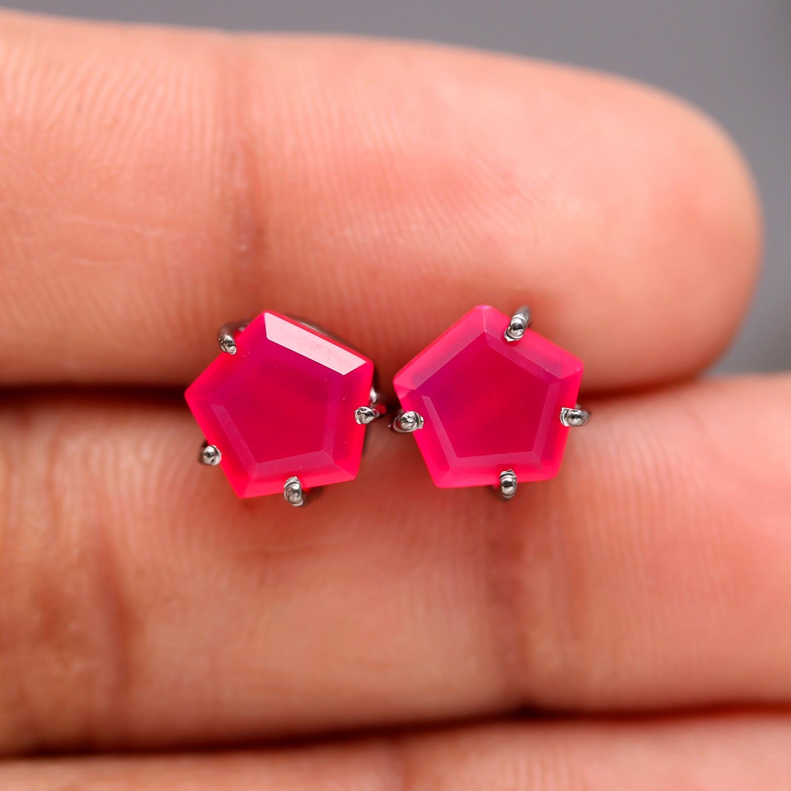 Pink Chalcedony Pentagon Solid Silver Black Oxidized Stud Earrings Birthday Gift